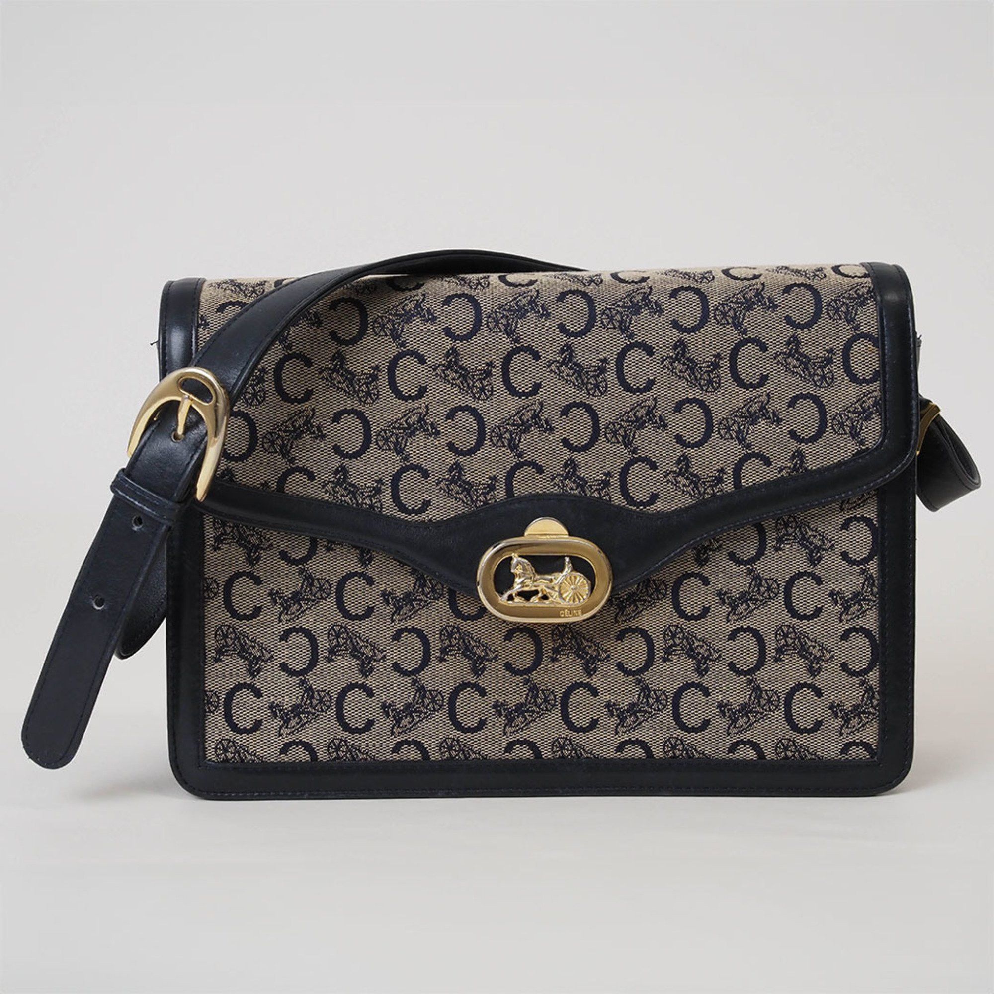 Celine Old Sulky Shoulder Bag Beige Navy Women s Canvas Leather Carriage Hardware CELINE Bags Luggage