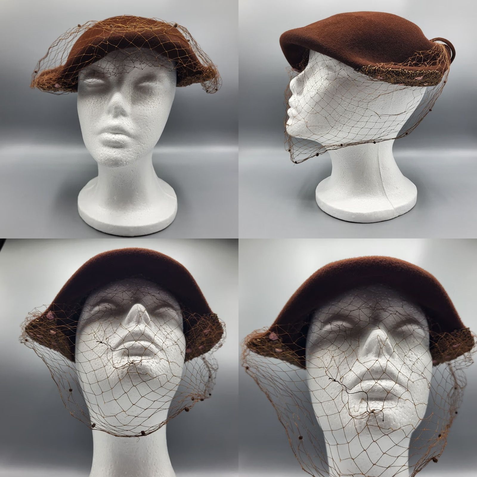 FELT VINTAGE Ladies Brown Beaded Felt Velour Hat With Netting Bow, 1950s, Original, Unbranded, Womens Size ONE SIZE - 9 Thumbnail