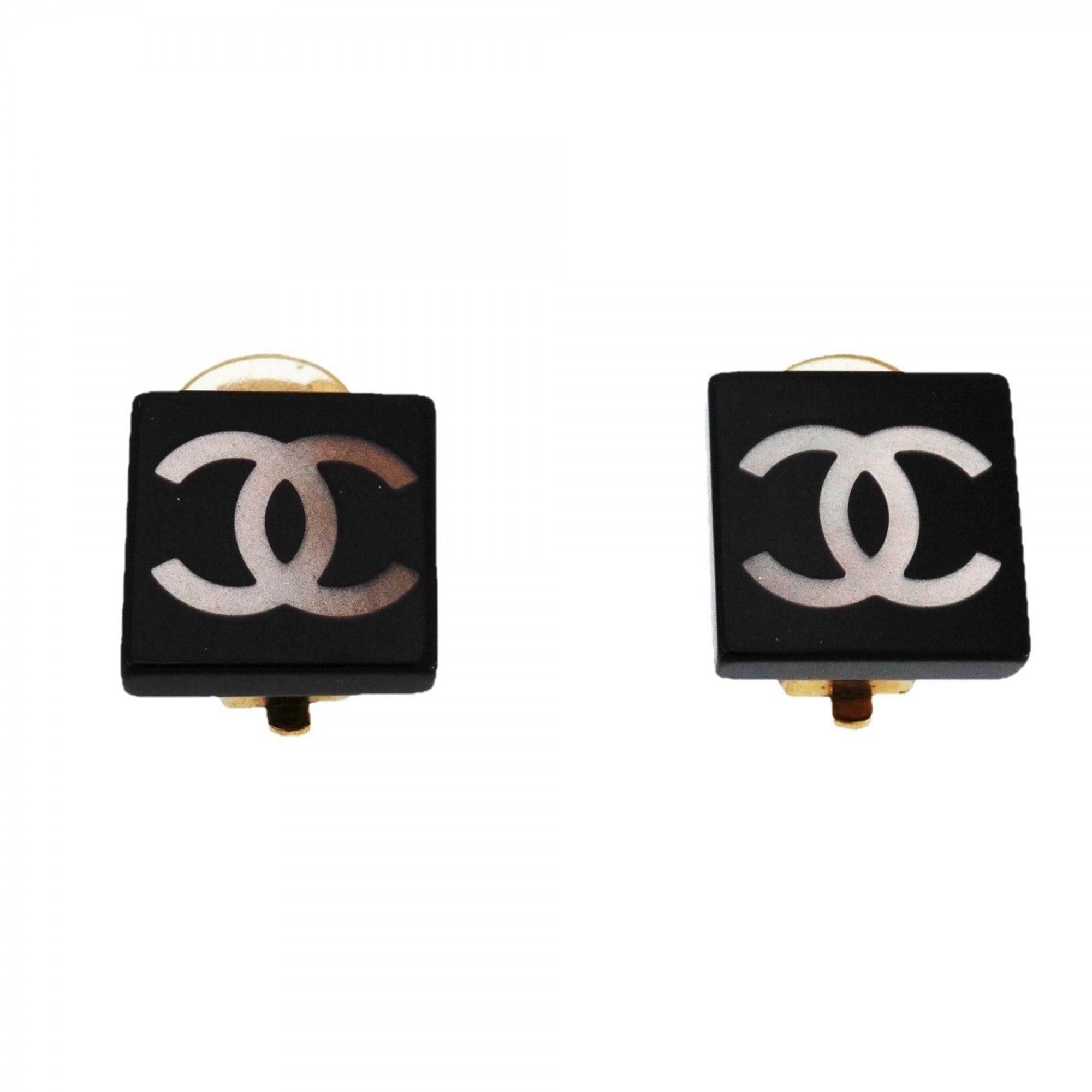 Chanel Coco Mark Square Earrings GP Plated Plastic Gold and Black Women's
