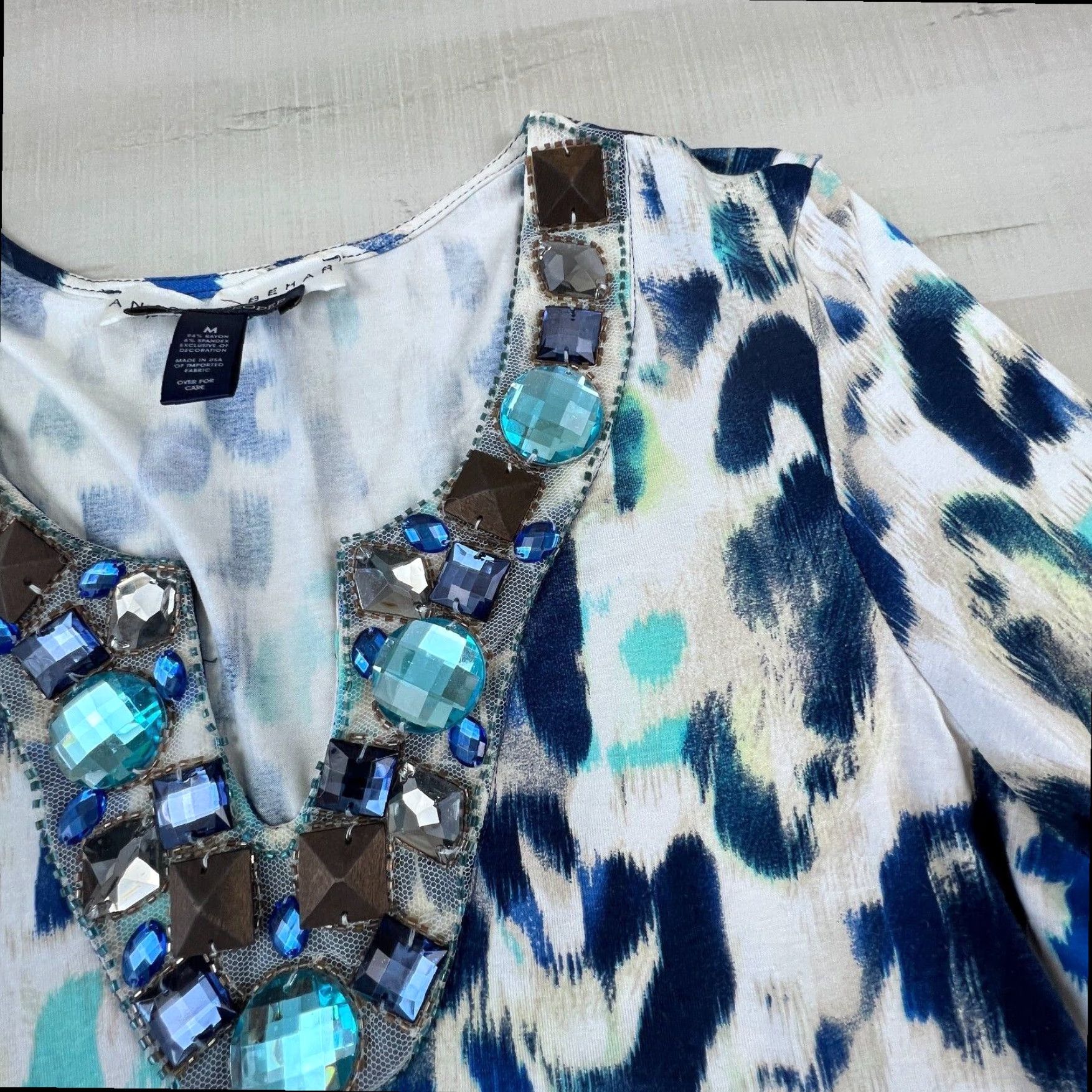 Vintage Andrea Behar White Blue Rhinestone Sheath Dress Womens Medium Long Sleeve Size M / US 6-8 / IT 42-44 - 3 Thumbnail