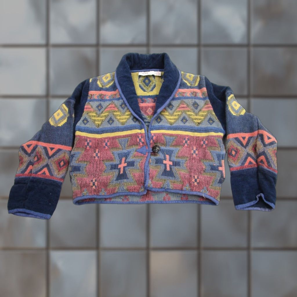 VINTAGE Anu By Natural Sweater Cardigan Womens M Blue Tribal Western Aztec Boho Jacket