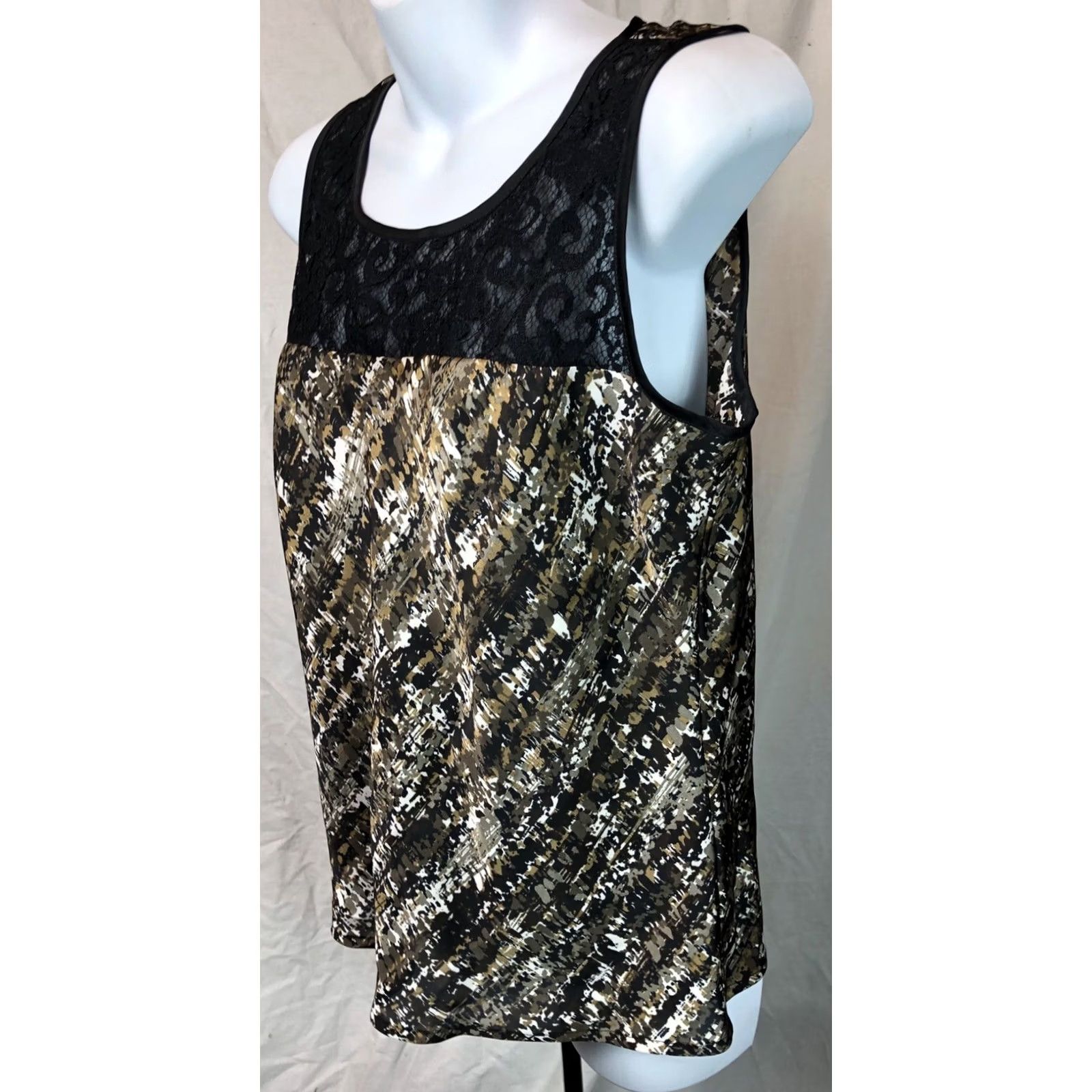 Vintage VINTAGE Rafaella Satin Sleeveless Top Brown/Blk Lace Neck Scoop M Geometric 90s Artsy Bohemian Glam Womens Shirt Blouse Camisole Ladies Size M / US 6-8 / IT 42-44 - 2 Thumbnail