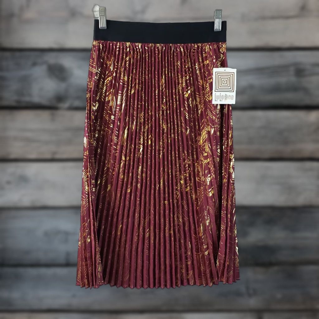 Vintage VINTAGE LuLaRoe Jill Skirt XS Purple Gold Pleated Pull On Womens Midi Skirt Waist 12.5" Length 27.5" (New with tags) Size 26" / US 2 / IT 38 - 1 Thumbnail