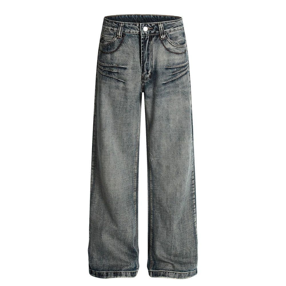 Heavy washed men's retro punk distressed wide-leg jeans