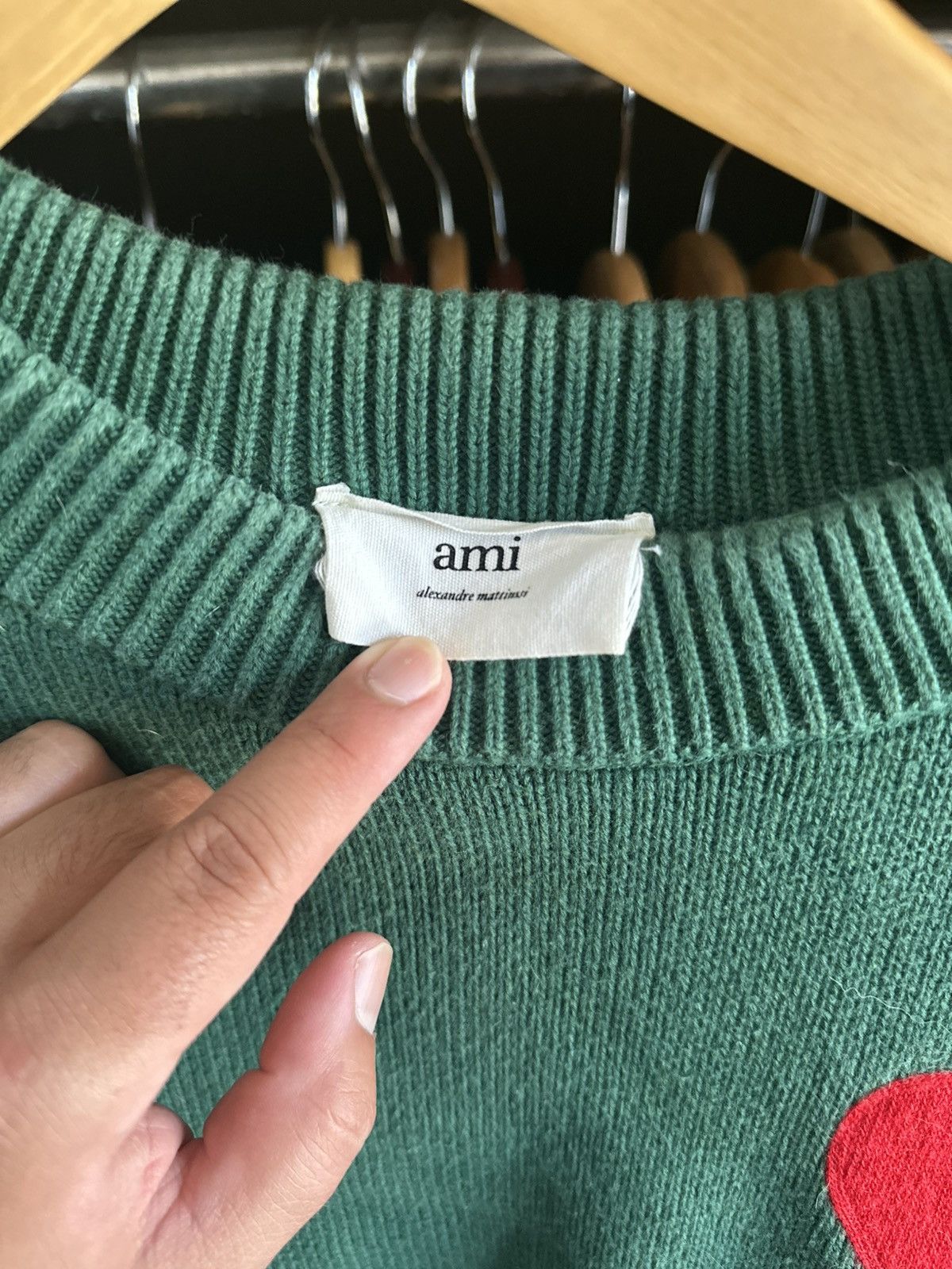 AMI AMI Men’s Green Knit Crewneck Pullover Sweater Red Logo Size US M / EU 48-50 / 2 - 3 Thumbnail