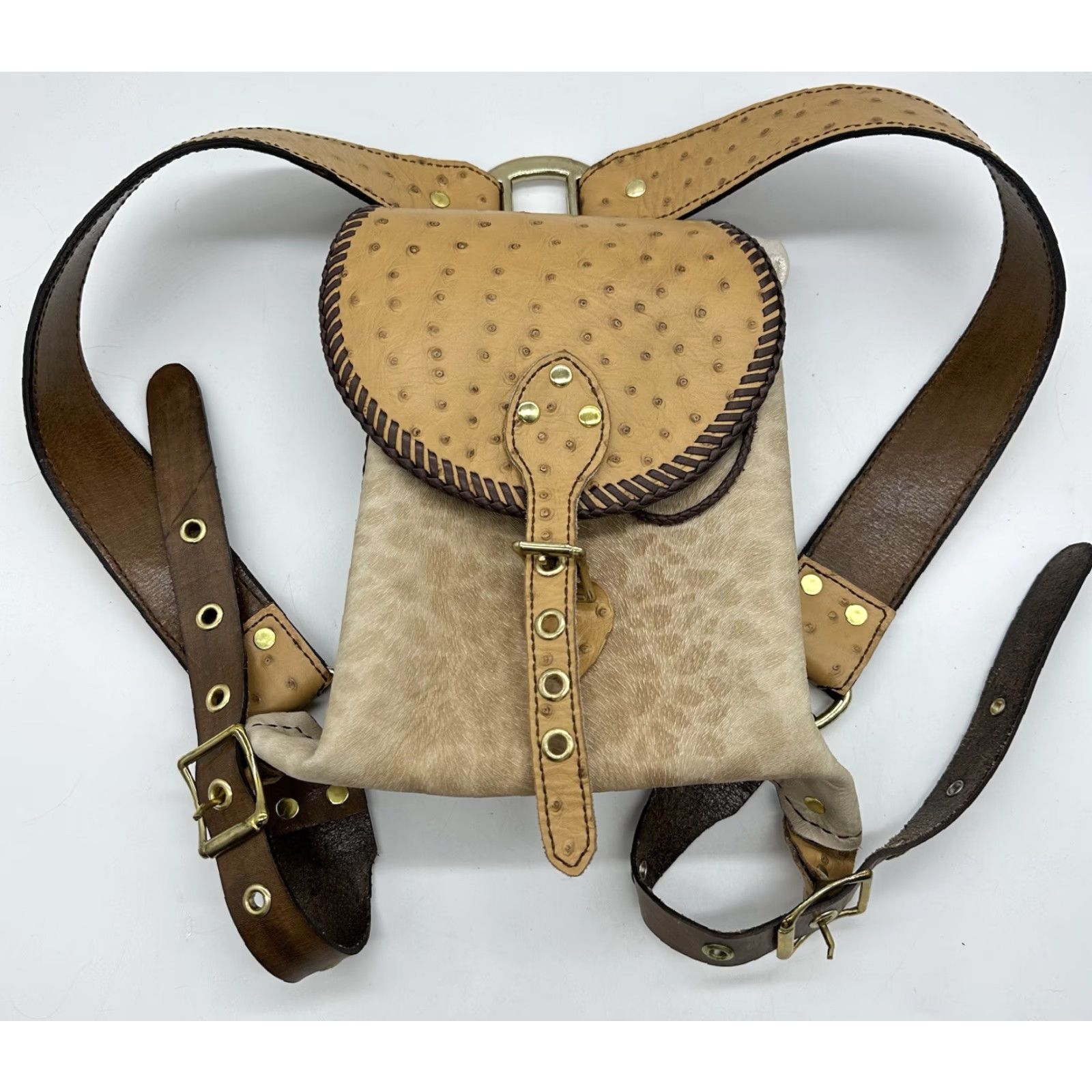Skin Womens Backpack Orange Tan Ostrich Leather Small Drawstring Cowgirl Stitch Leather BackPack Womens Size ONE SIZE - 2 Thumbnail