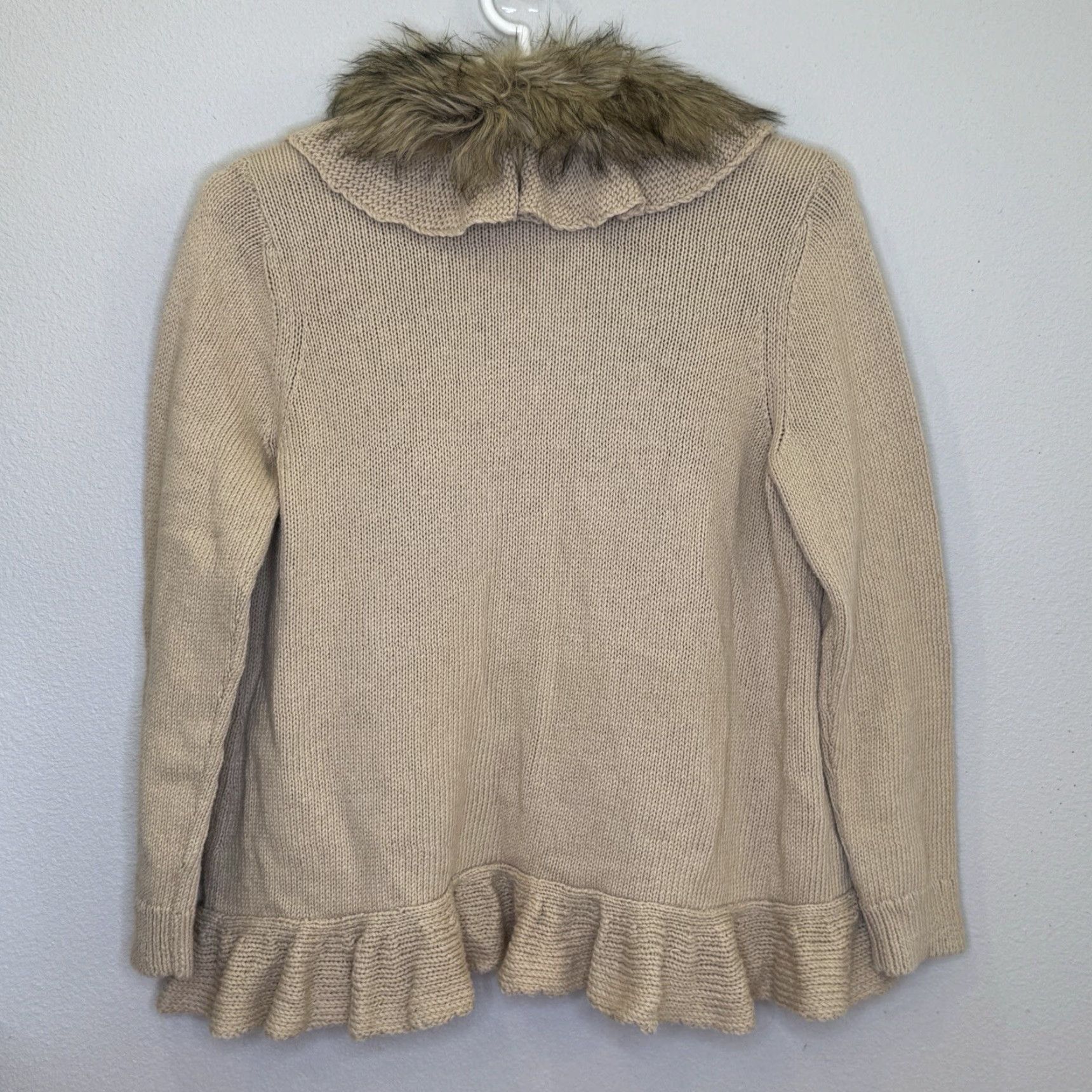 Vintage Chico's Cardigan Sweater Size 3 Tan Removable Faux Fur Collar Ruffle Trim Long Sleeve NWT Women Mens? Size XS / US 0-2 / IT 36-38 - 6 Thumbnail