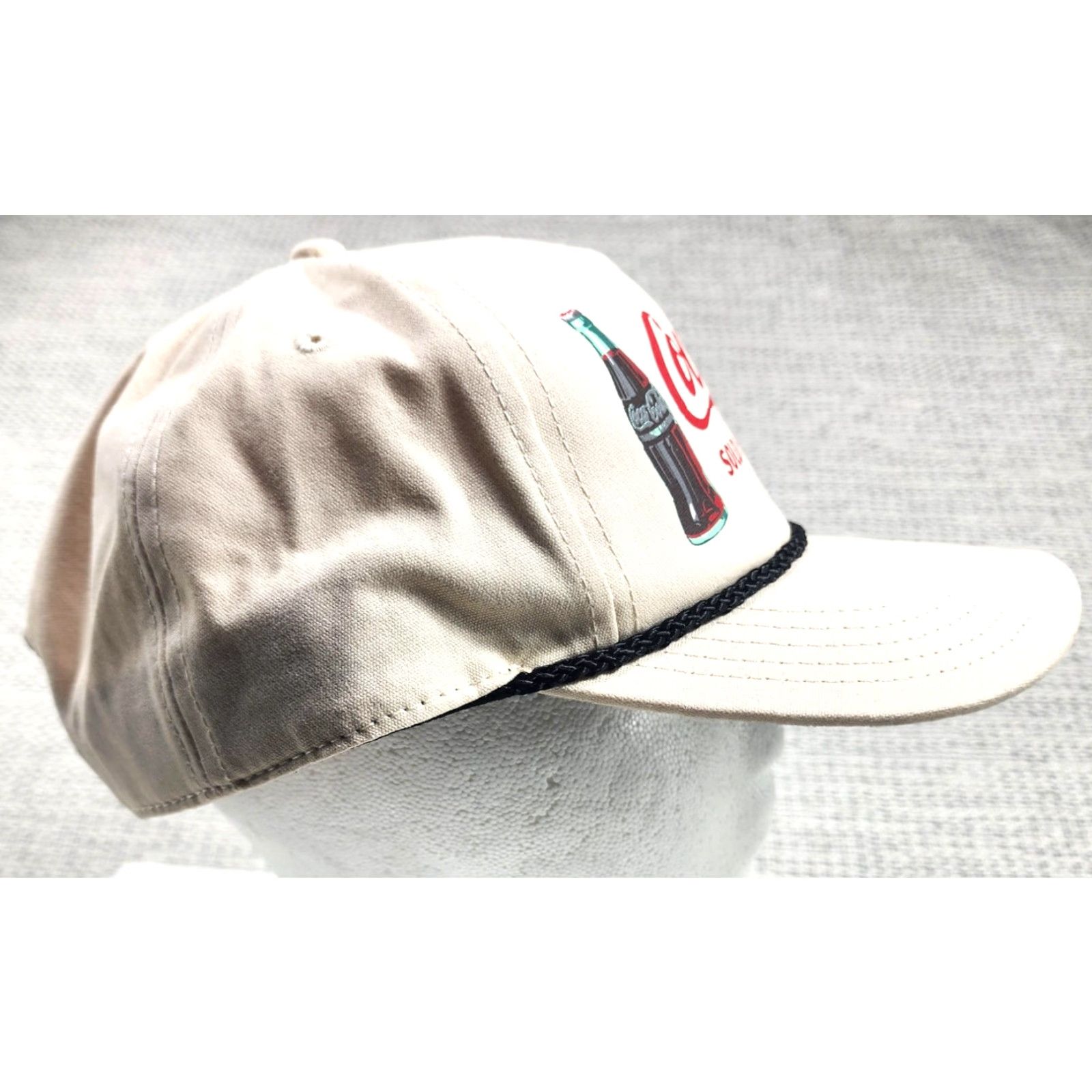 American Needle VINTAGE American Needle Coca-Cola Hat Cap Snap Back Tan Rope Advertising USA Mens Adjustable One Size Beige Twill Front Print 90s Classic Size ONE SIZE - 3 Thumbnail
