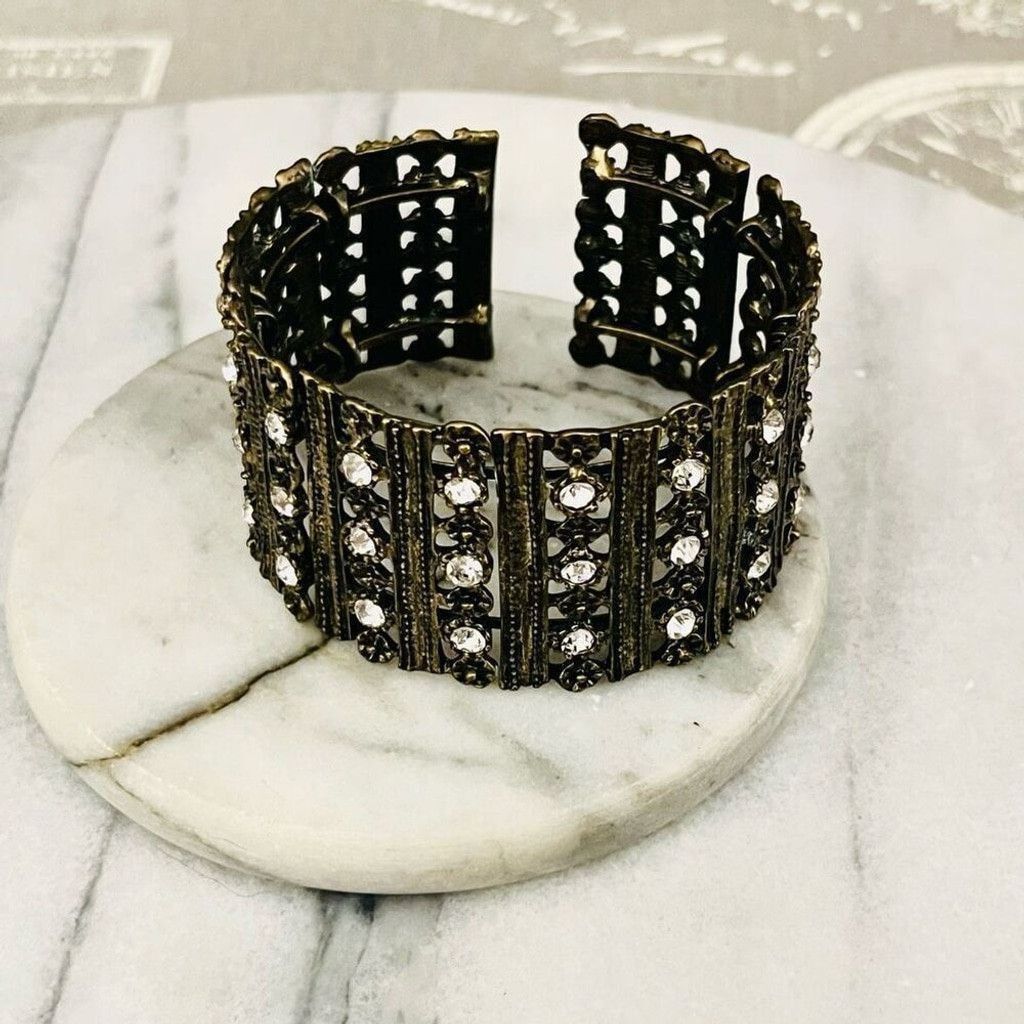 Vintage Antique Gold Toned Cuff Bracelet Clear Rhinestone Wide Size ONE SIZE - 2 Thumbnail