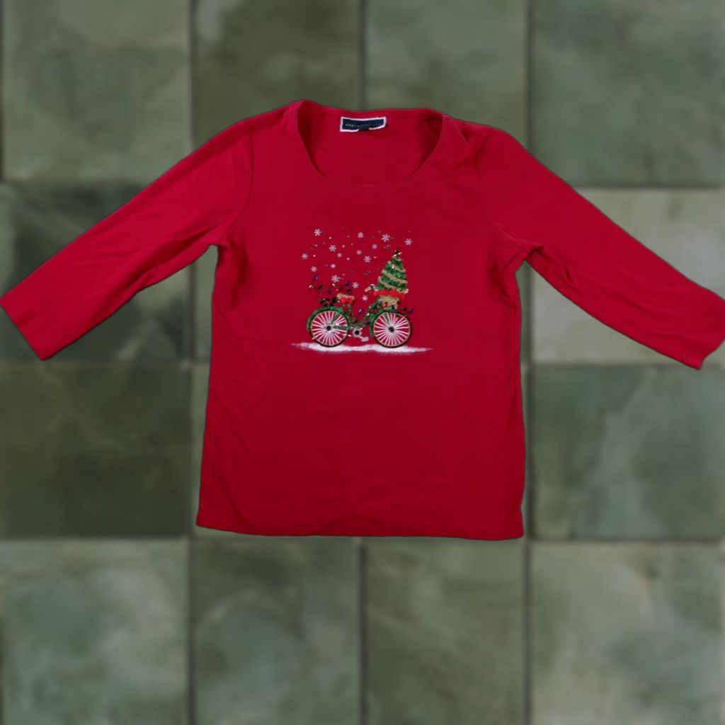 Vintage Karen Scott Shirt Womens M Red Christmas Bicycle Sequin Embellished Long Sleeve Size M / US 6-8 / IT 42-44 - 1 Thumbnail