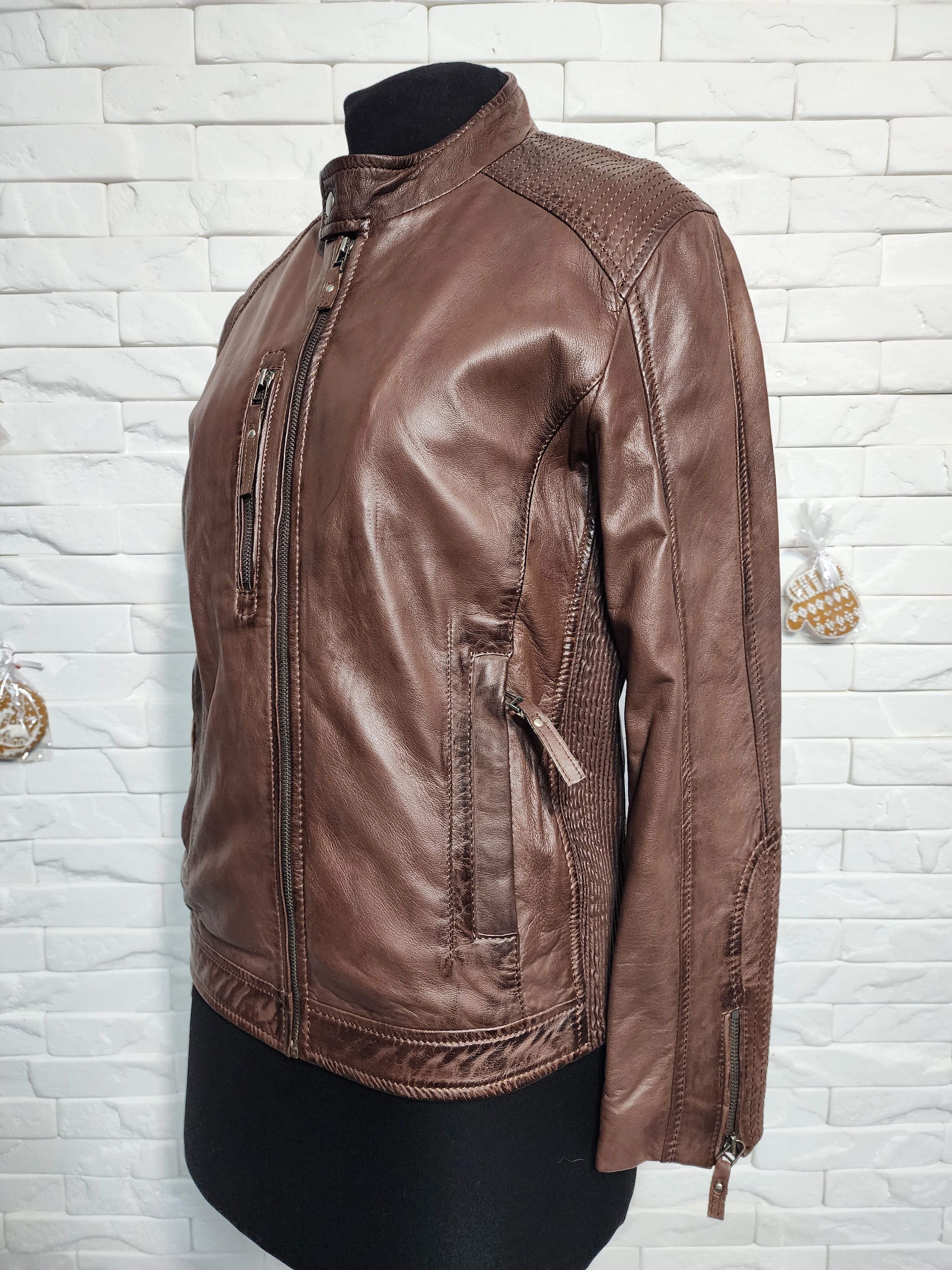 Other Brown Leather Jacket: Men's Zippered Bomber with Pockets Size US M / EU 48-50 / 2 - 2 Thumbnail