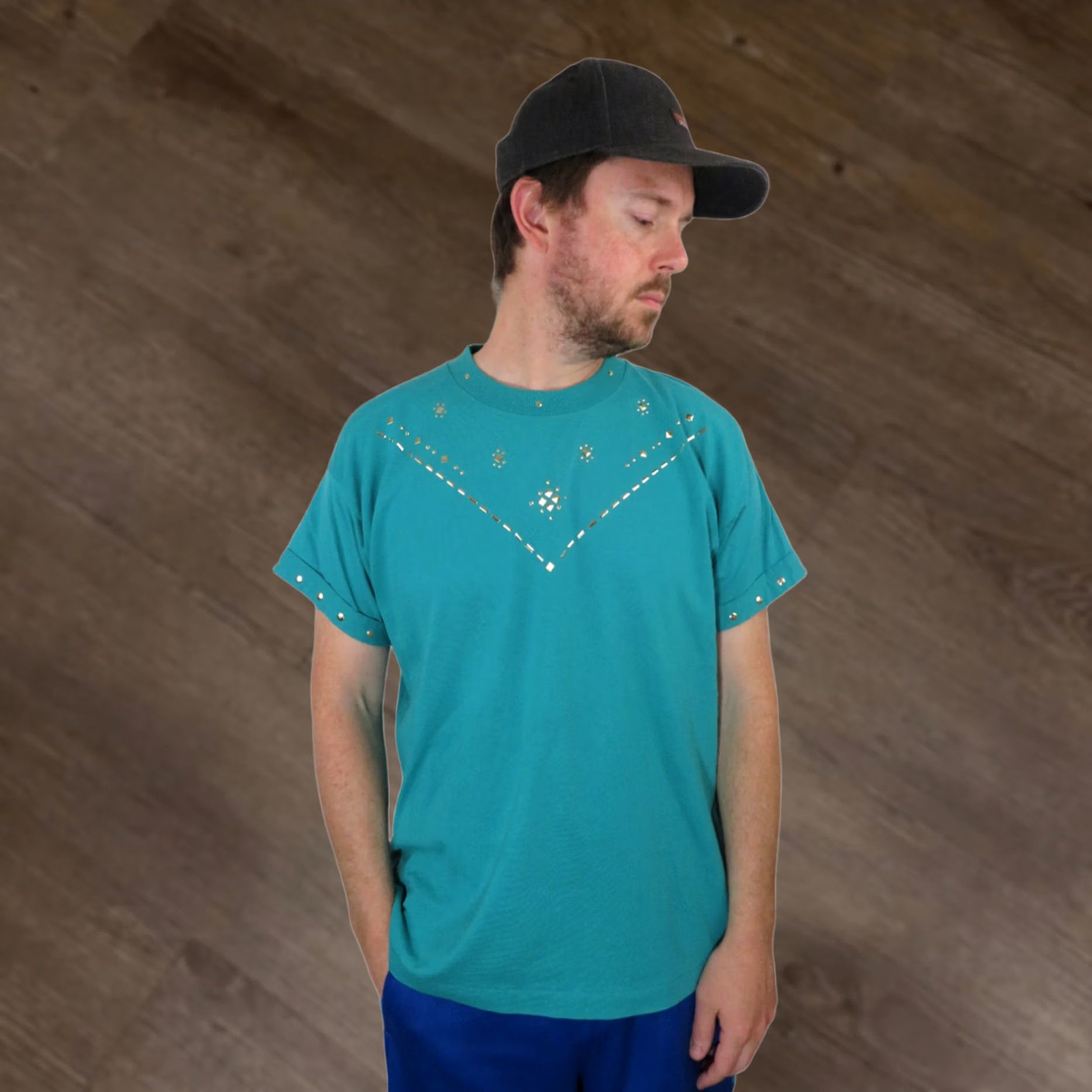 Vintage VINTAGE Embellished Beaded 3D T Shirt Mens XL Blue Geometric 90s 80s Band Concert Screen Stars Hanes Size US XL / EU 56 / 4 - 1 Thumbnail