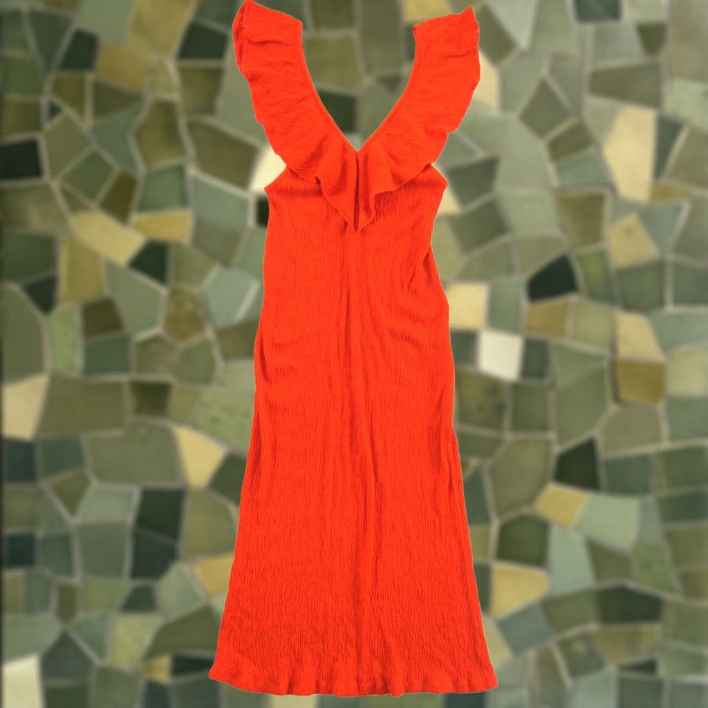 Zara ZARA Bright Orange Ribbed Jersey Stretch Deep V-Neck Midi Tank Dress Small Womens Size S / US 4 / IT 40 - 1 Thumbnail