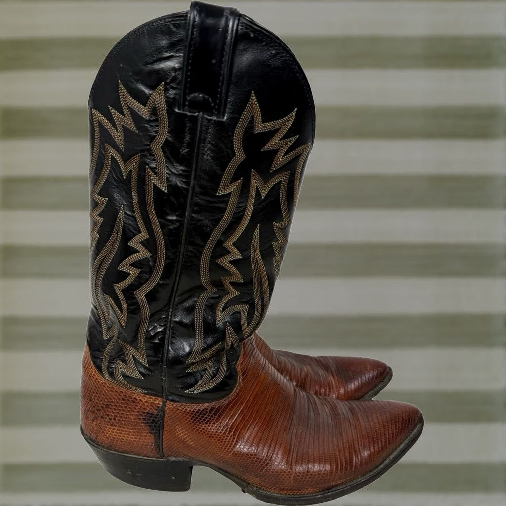 JUSTIN Black Leather Western Cowboy Boots Men size 9.5 D Vintage Men main image 2