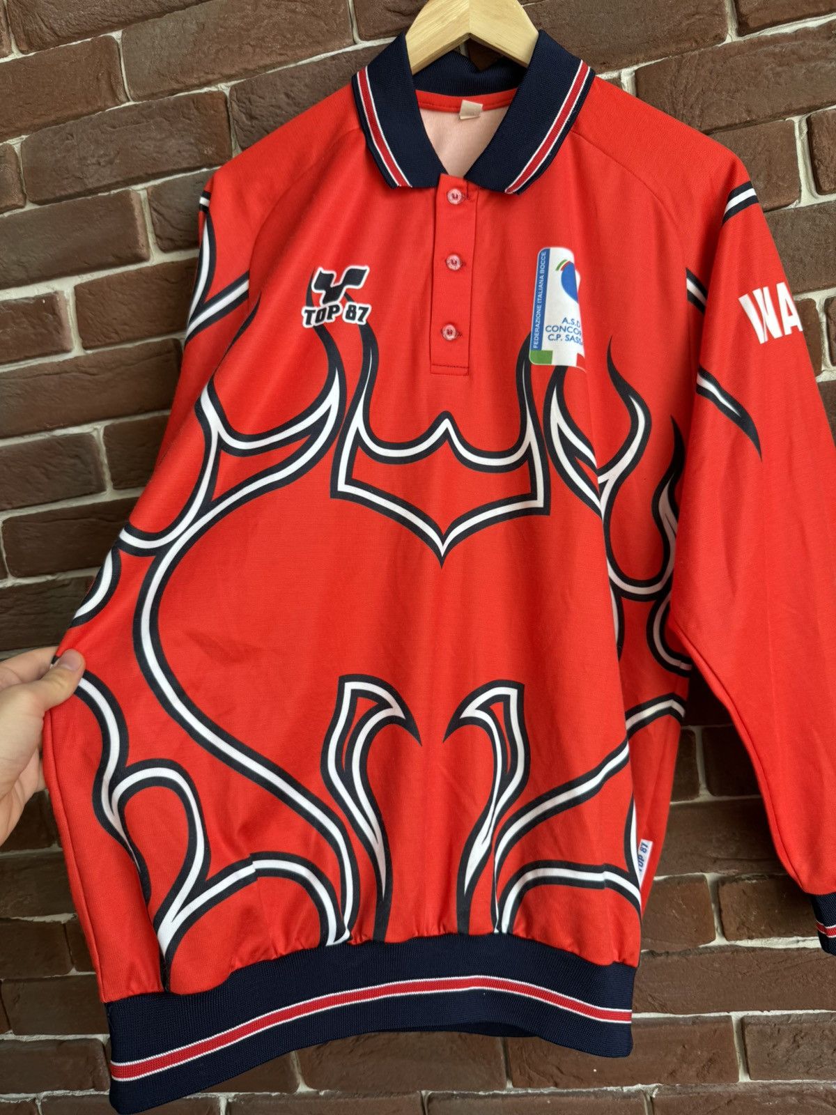 Vintage Vintage 90s Italy TOP 87 Flames Football Shirt Jersey Blue S Size US L / EU 52-54 / 3 - 3 Thumbnail