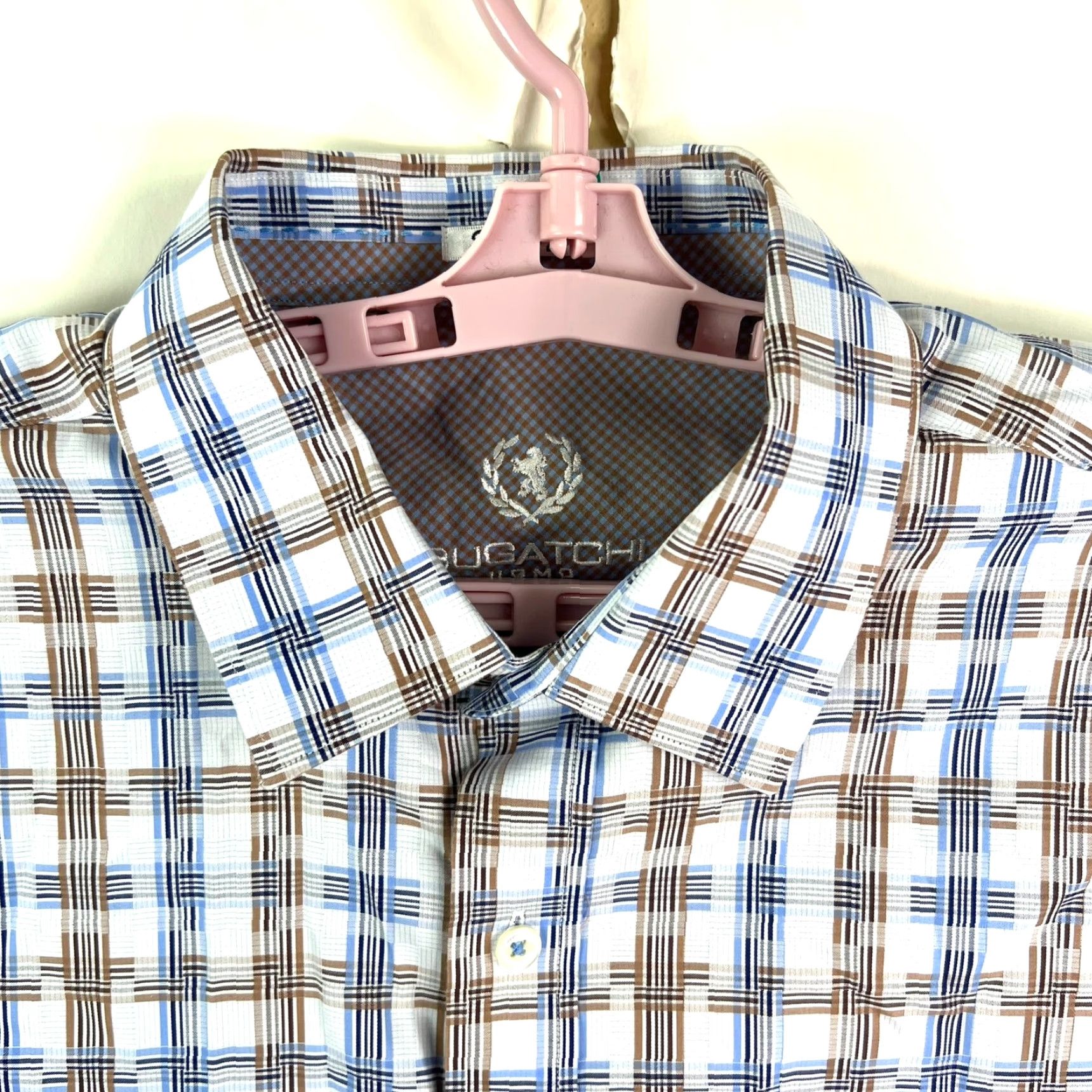 BUGATCHI Bugatchi Uomo Checked Button-Up Shirt Mens L Blue/Tan Regular Fit Long Sleeve Spread Collar Size US L / EU 52-54 / 3 - 4 Thumbnail