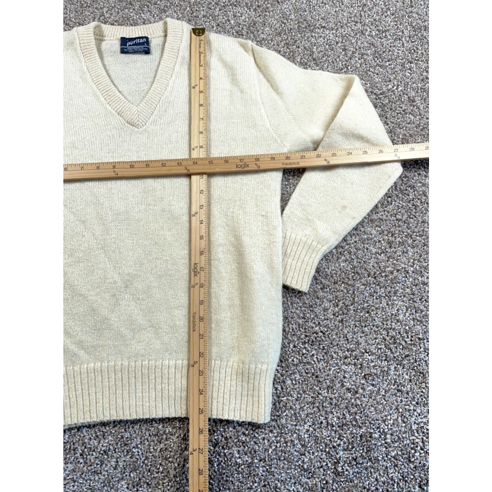 Vintage VTG Puritan 80s Wool Blend V-Neck Sweater Adult Large Ivory Knit Aquamatic Brand Size US L / EU 52-54 / 3 - 6 Thumbnail