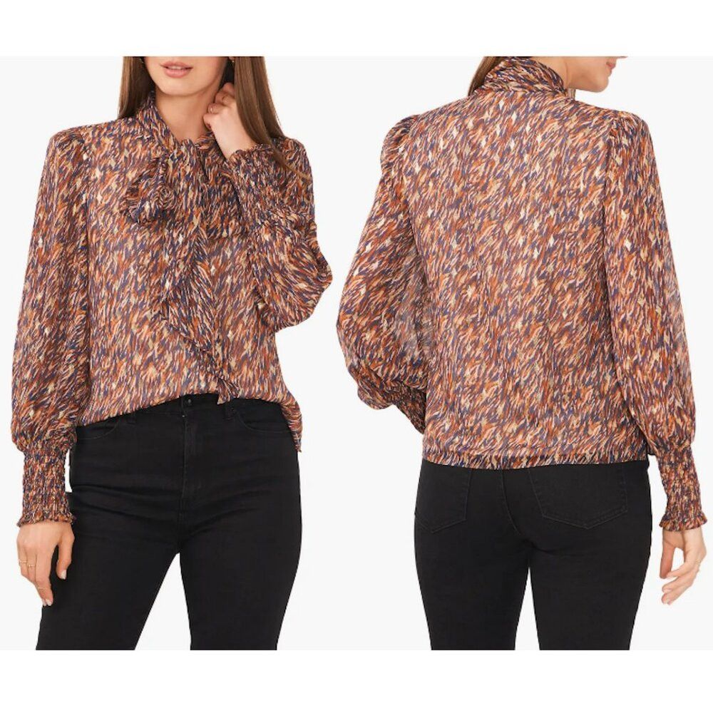 Vince Camuto New Vince Camuto Metallic Fleck Abstract Print Bow Blouse S Size 3XL / US 20-22 - 1 Thumbnail