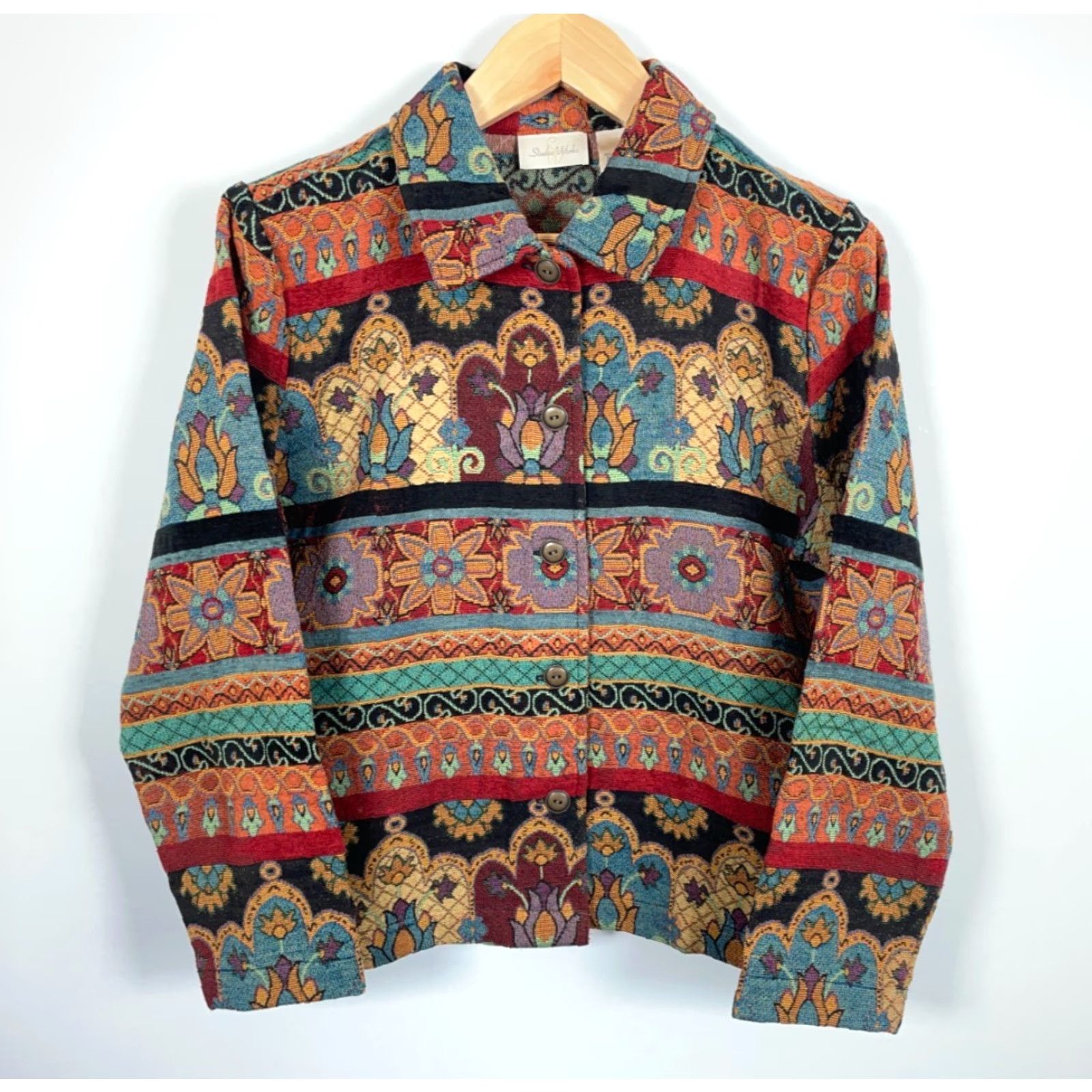 Vintage VINTAGE Studio Works Jacket Women's Large Red Floral Tapestry Geometric Textured Fabric Size L / US 10 / IT 46 - 2 Thumbnail