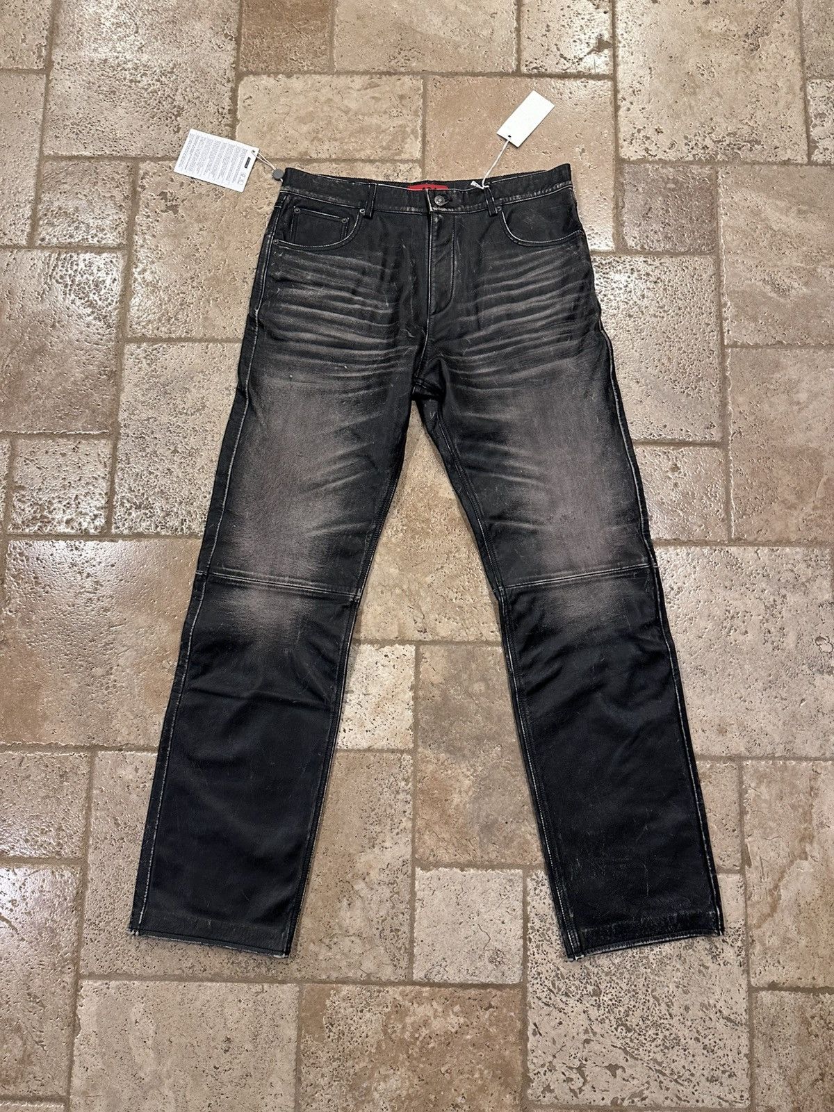 424 Fairfax OG Calfskin Leather Wash Faded Black Jean Pants
