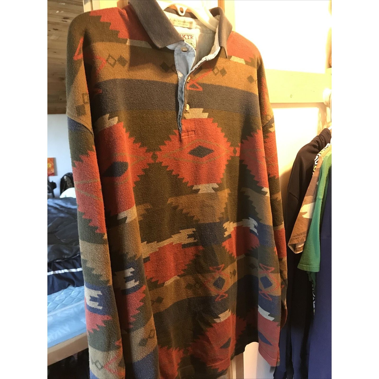 Other Skyr Vintage Mens XL Aztec Tribal Print LS Cotton Polo Shirt Size US XL / EU 56 / 4 - 4 Thumbnail