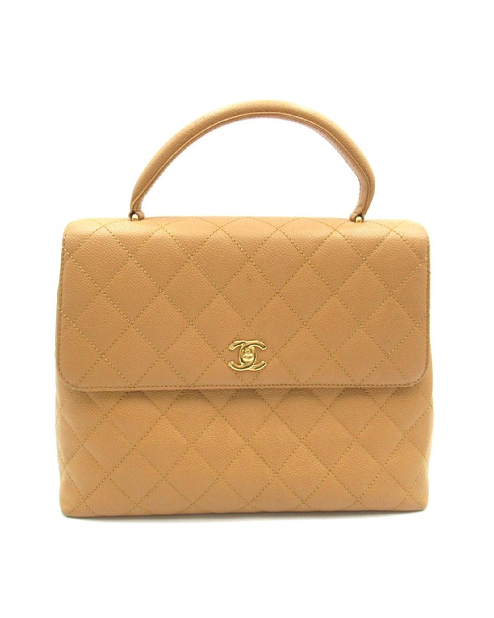 image of Chanel Beige Caviar Kelly Handbag With Cc Logo In Ab Condition, Women's