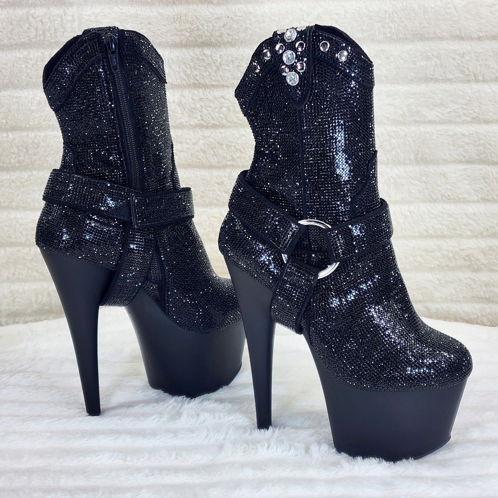Other Adore 1029 Bejeweled Black Rhinestone 7" Heel Platform Cowgi Size US 10 / IT 40 - 1 Thumbnail