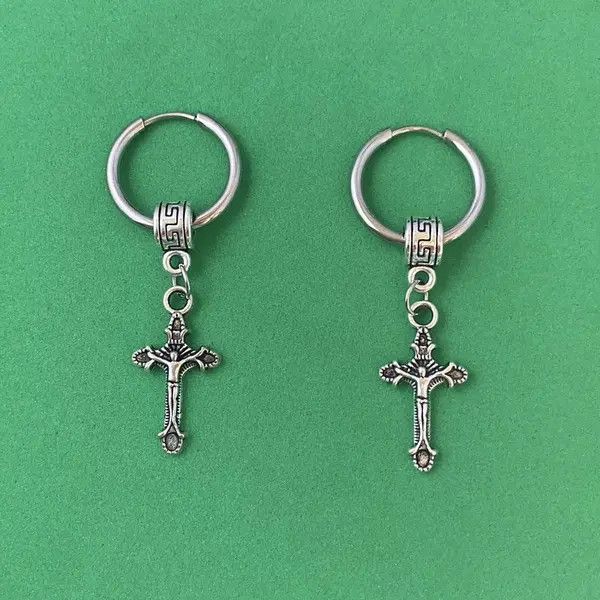 Designer × Jewelry 925 Silver Plated Cross Dangle Drop Earrings for Men Women Size ONE SIZE - 1 Thumbnail