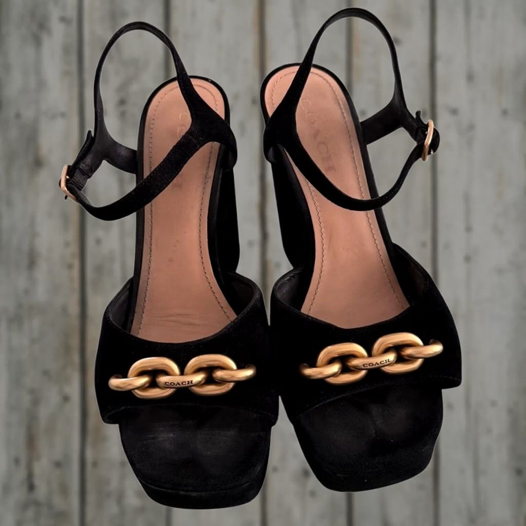 Coach Coach Nicolette Sandal Black Suede Gold Chain 4.75" Block Heel 1.25" Platform Women 9.5 Size US 10 / IT 40 - 1 Thumbnail