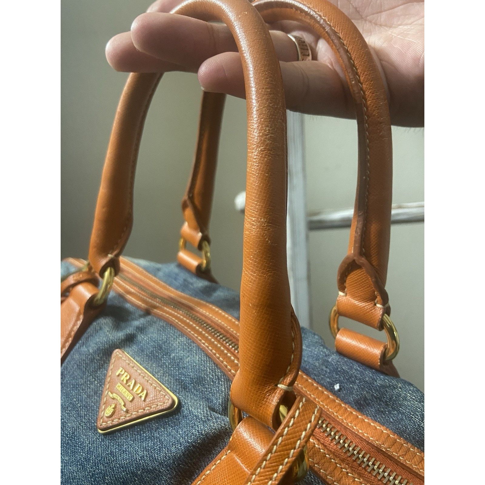 Prada Prada Bauletto blue denim orange saffiano 2way handbag, good Size ONE SIZE - 12 Thumbnail