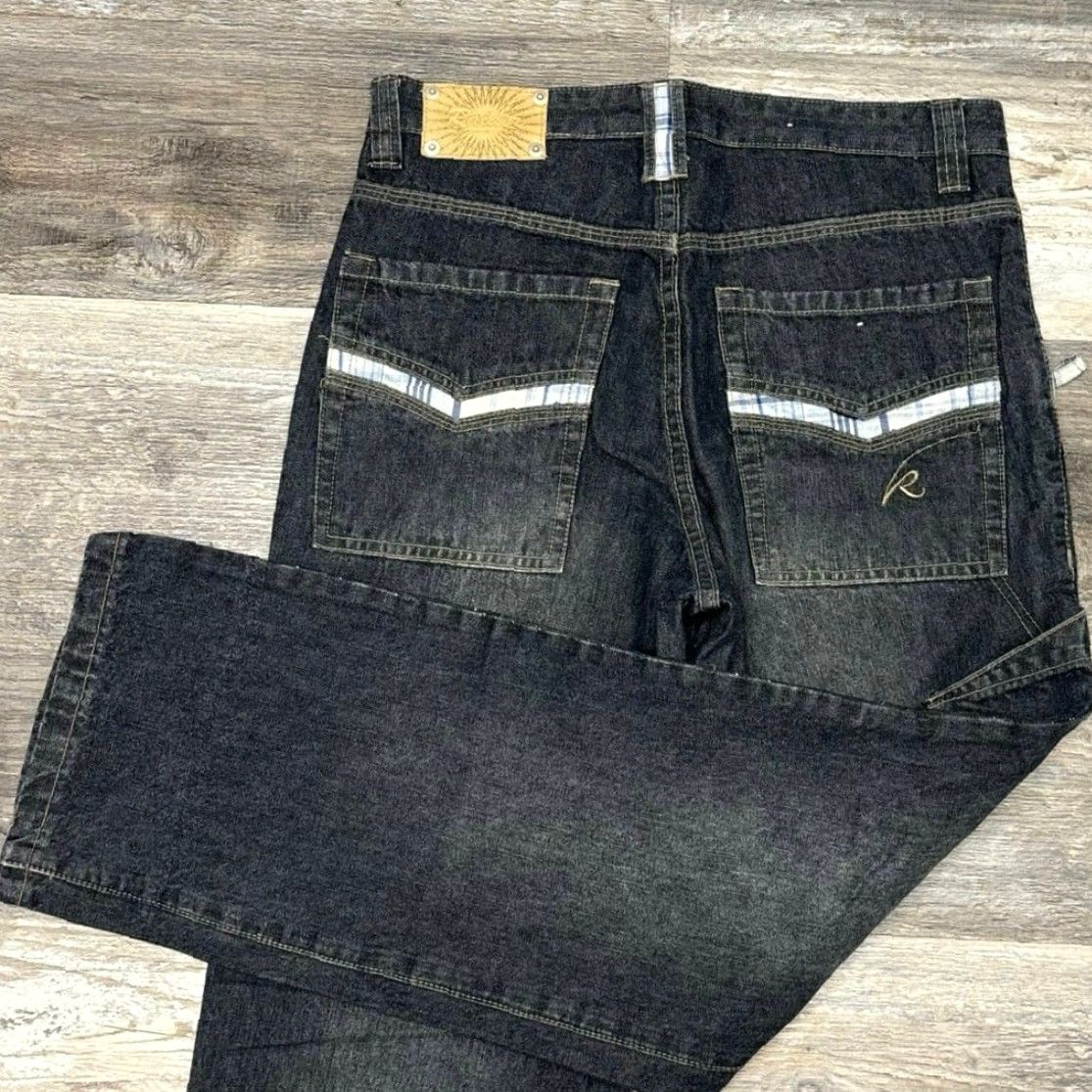 Vintage VINTAGE Raiders Infamous Blue Dark Wash Womens 16 Plaid Trim Straight Leg Jeans Size 38" / US 16 / IT 52 - 4 Thumbnail