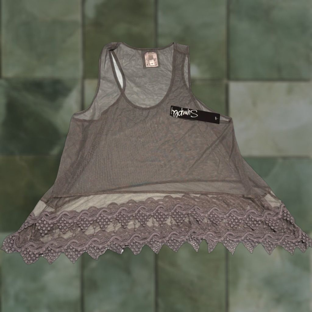 Vintage SYMPLI Mist Tank Lace Bottom Gray 12 Women Sleeveless NWT Tank Top Casual Sheer Nylon Spandex Canada Size 34" / US 12 / IT 48 - 1 Thumbnail