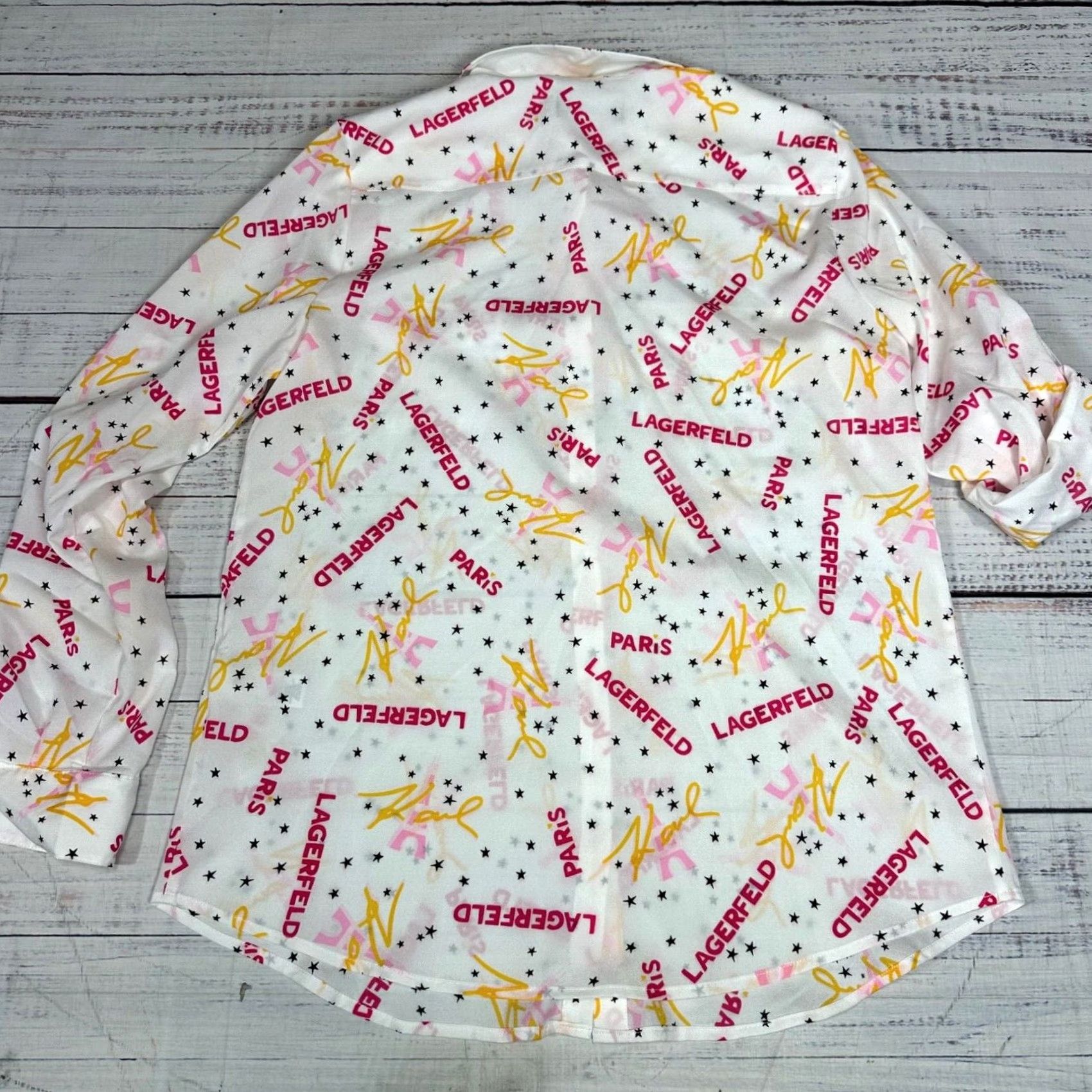 Karl Lagerfeld Karl Lagerfeld Womens Blouse M White Roll Tab Sleeve Button Front All Over Print Size M / US 6-8 / IT 42-44 - 4 Thumbnail