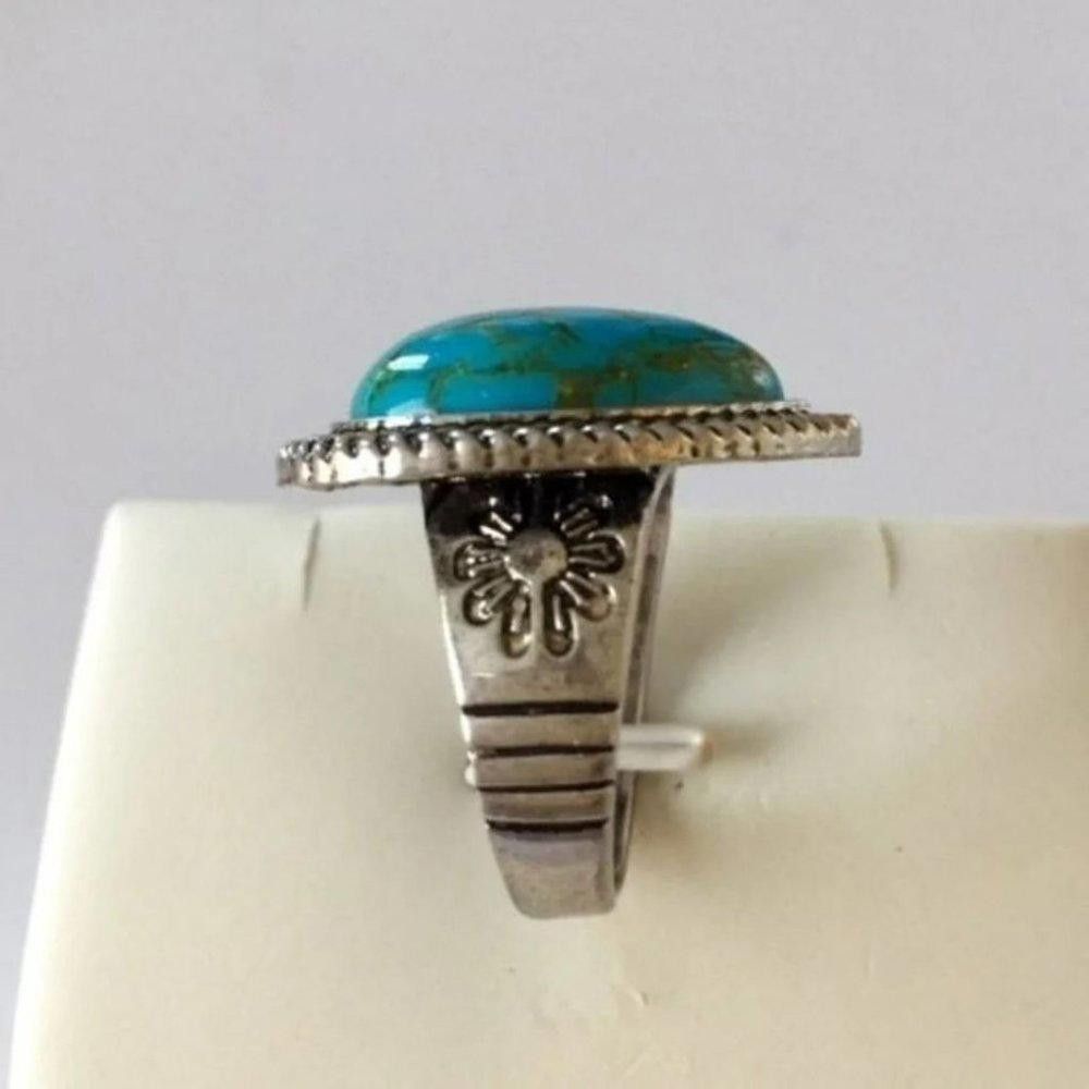 Other Big Tibetan Blue Turquoise Carved Flower Antique Silver Ring Size ONE SIZE - 5 Thumbnail