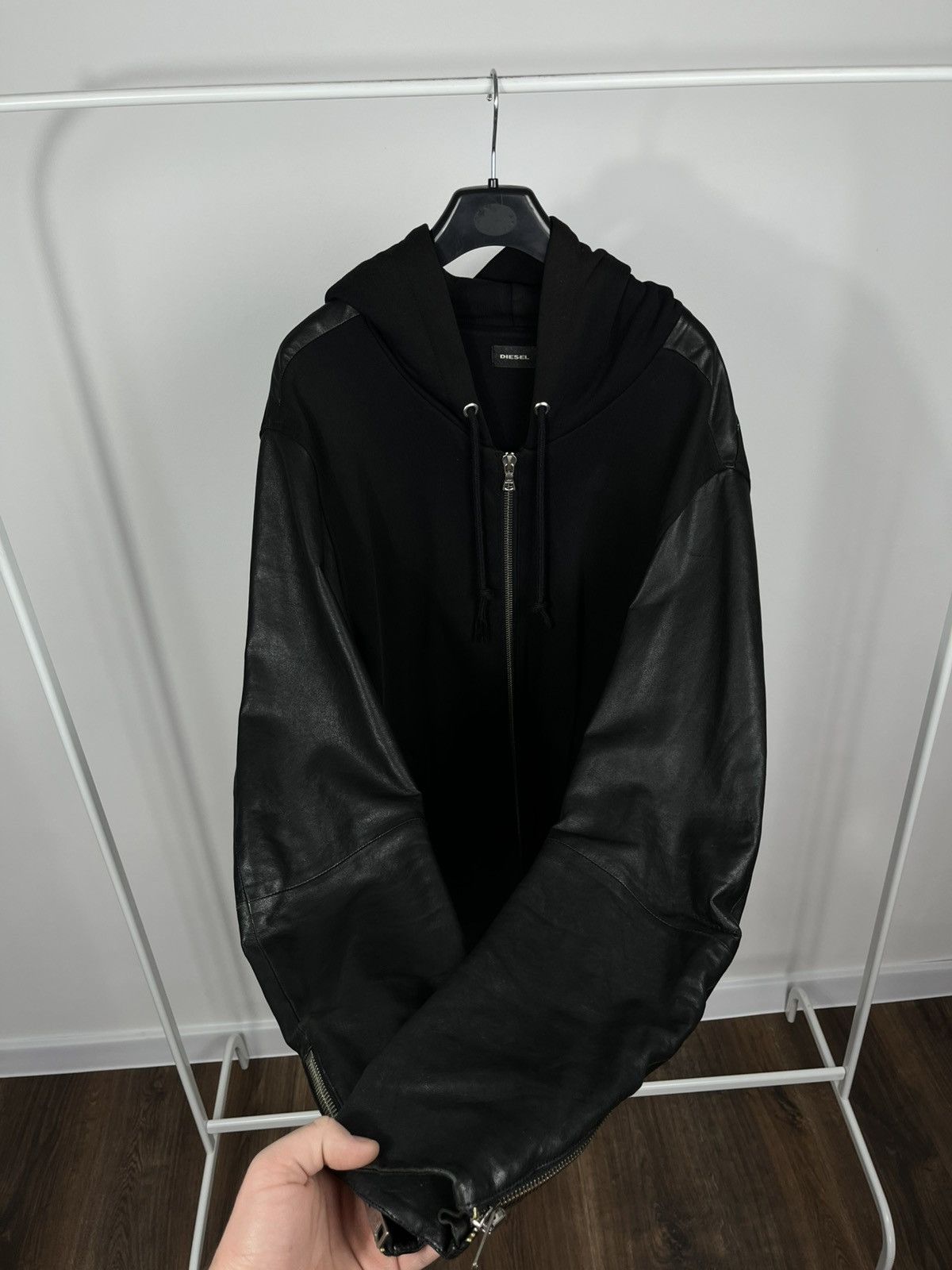 Diesel Diesel Black Zip Hoodie Jacket XL Genuine Leather Sleeves Size US XL / EU 56 / 4 - 6 Thumbnail