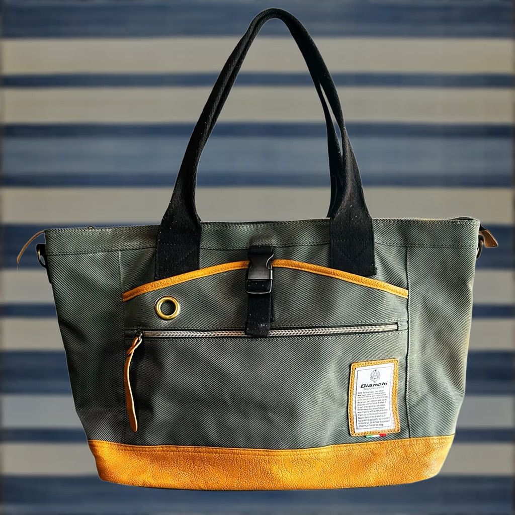 Vintage VINTAGE? No. Bianchi Tote Canvas Travel Weekend Bag Green Brown Shoulder Handbag Green Brown Zip Inner Pockets 20in 12in 6in Women Adults Size ONE SIZE - 1 Thumbnail