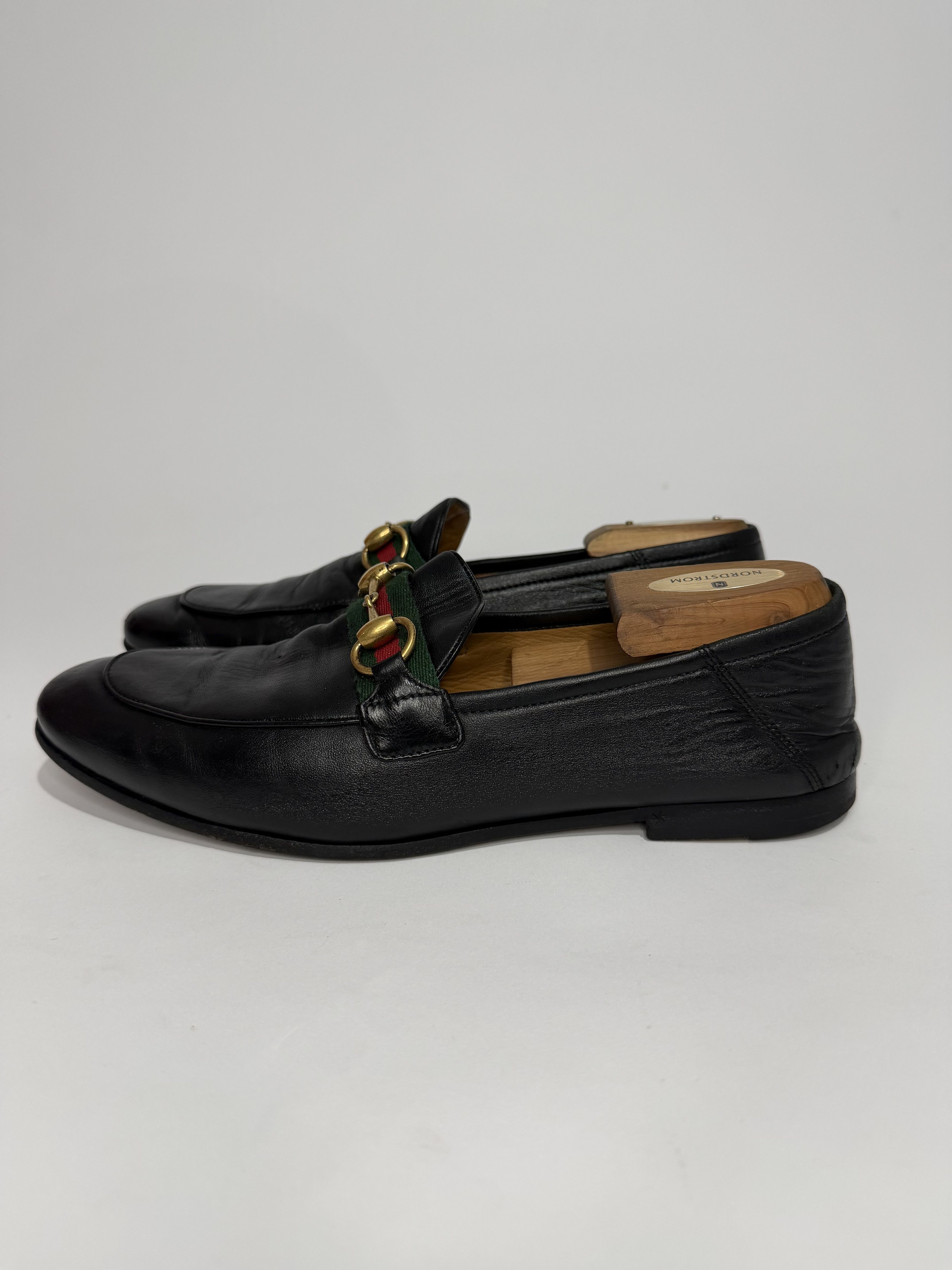 Gucci Black Leather Web Horsebit Slip On Loafer