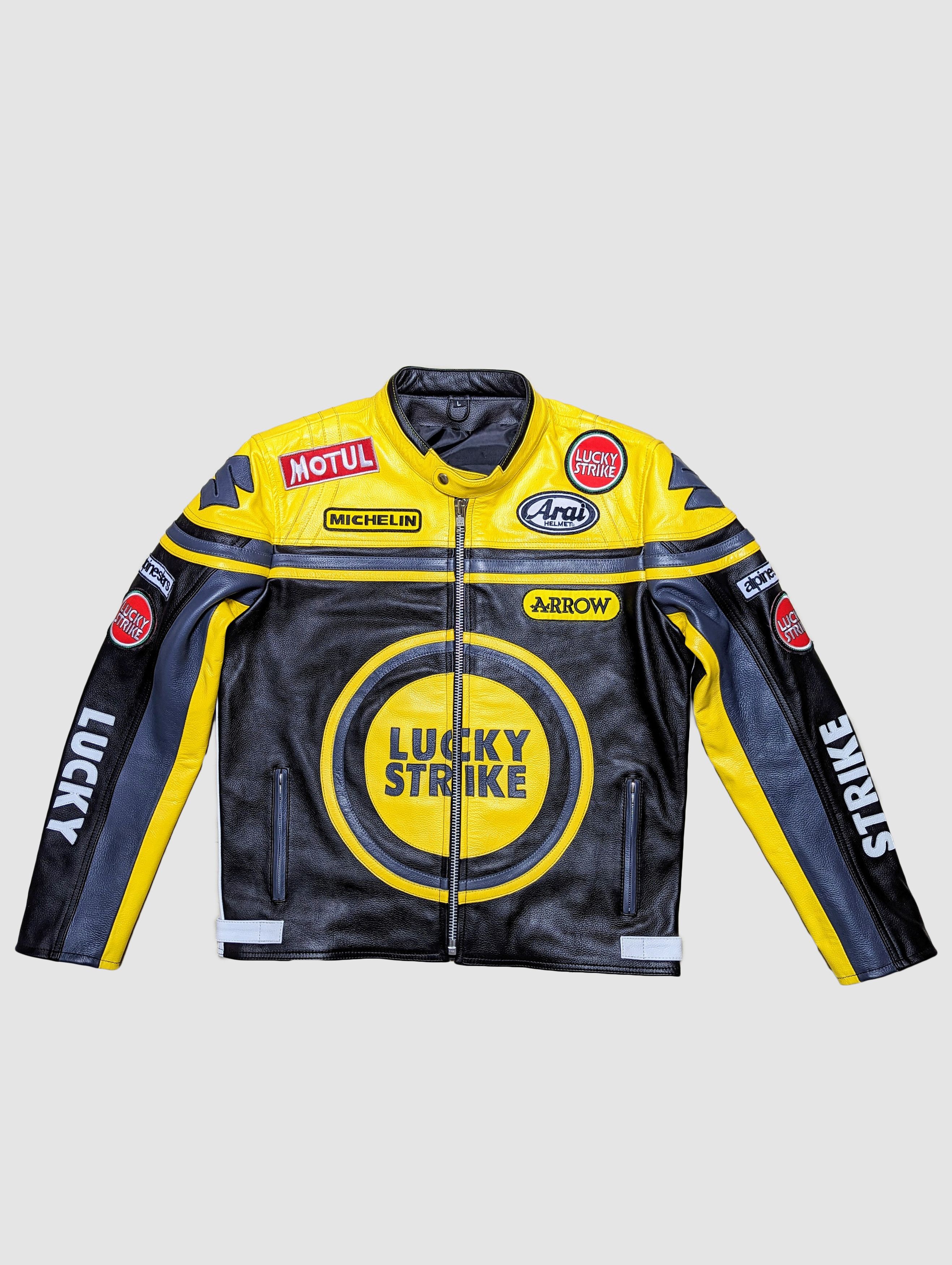 image of Vintage 90's Lucky Strike Racing Leather Jacket in Black Yellow, Men's (Size Large)