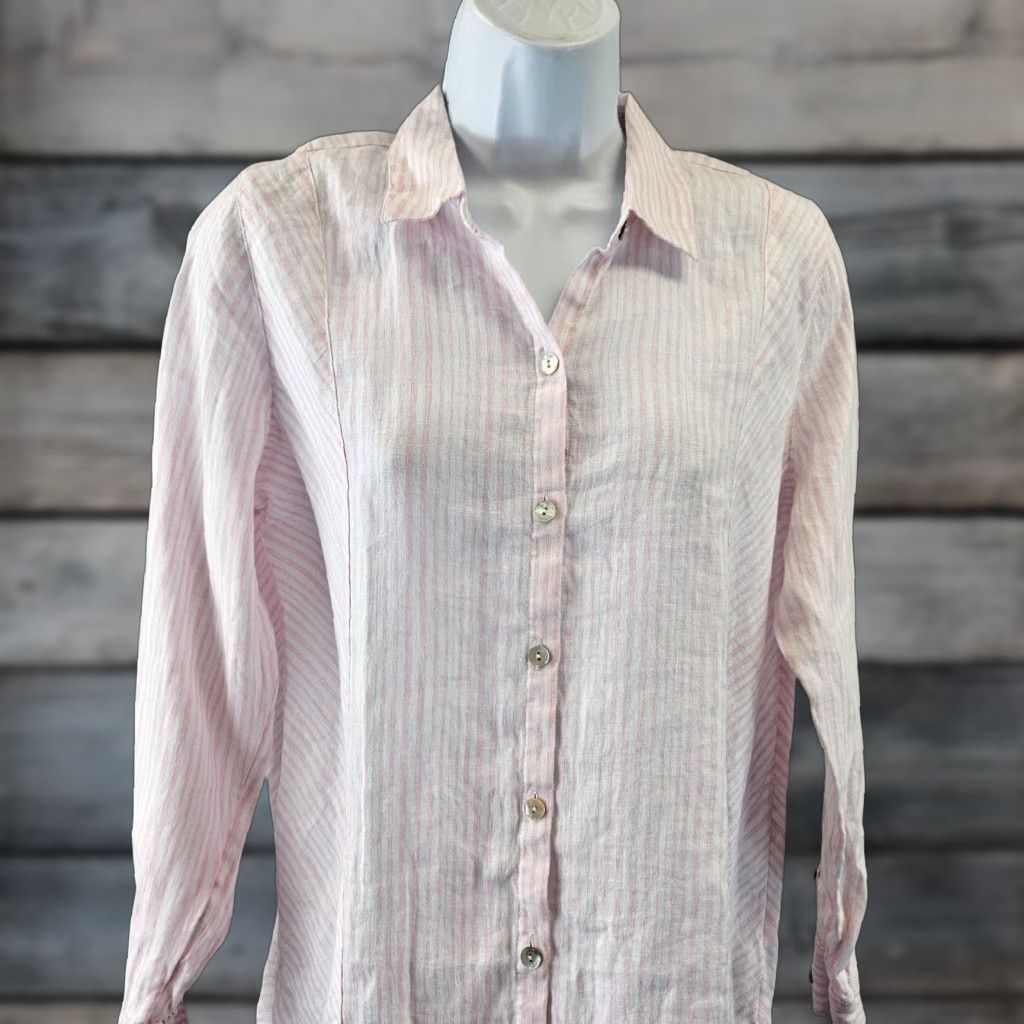 J. Jill J. Jill Love Linen Button-Up Shirt PS Petite Pink White Stripe Womens Shirt Women Petite Small Linen Striped Button-Up Long Sleeve Collared Size S / US 4 / IT 40 - 1 Thumbnail