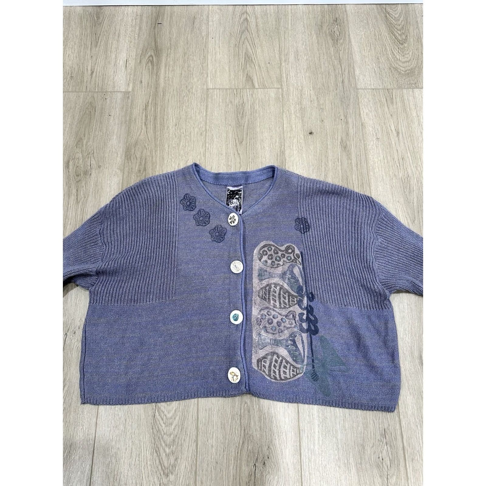 Vintage VINTAGE Blue Fish Cardigan Shirt Womens One Size Purple Tulip Round Neck Long Sleeve Button Up Cotton Rayon Pattern Flower Size ONE SIZE - 3 Thumbnail