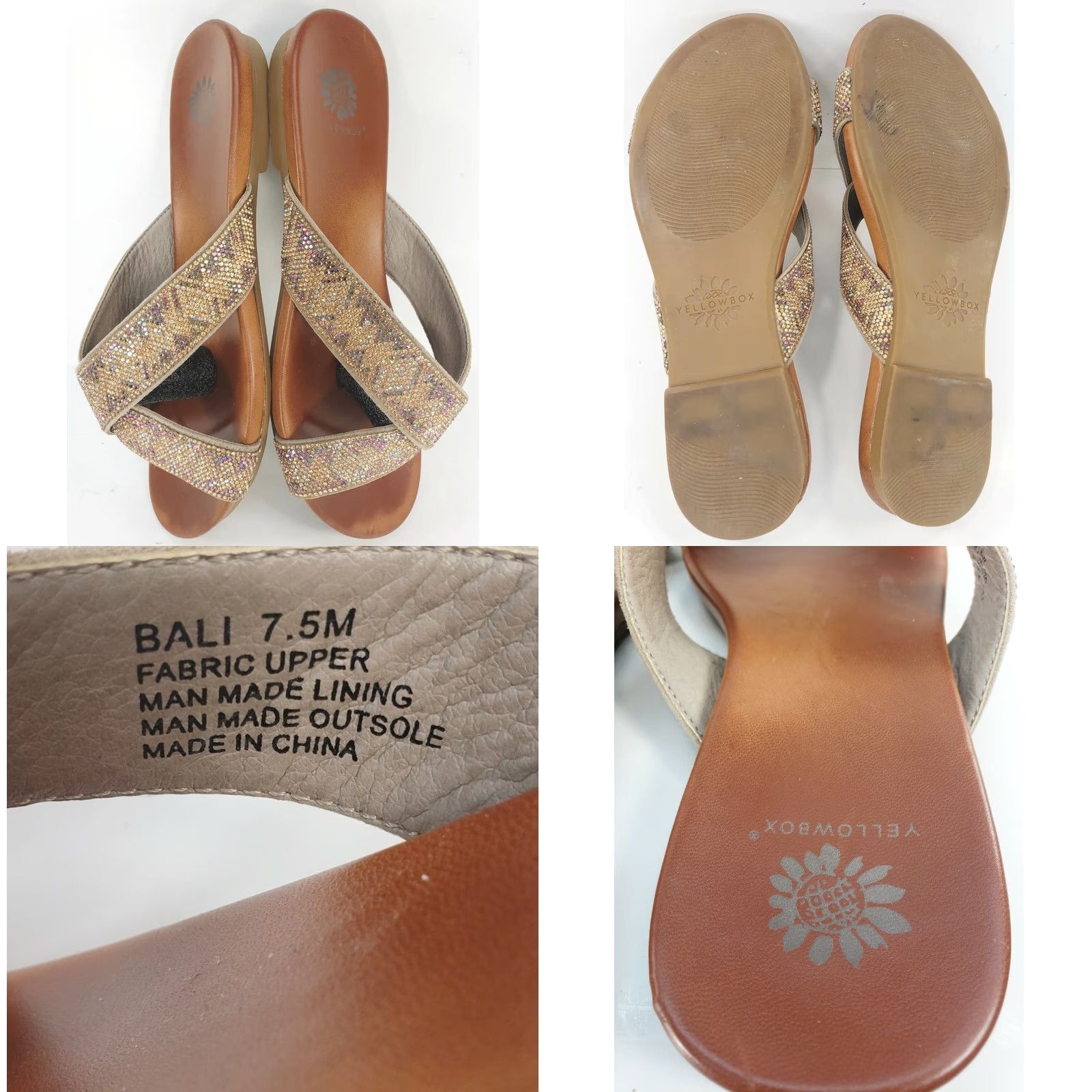 Vintage Yellow Box Bali Womens Slides 7.5 Gold Rhinestone Blingy X-Cross Front Shoes Womens Medium Gold Rhinestone Blingy X-Cross Front Size US 8 / IT 38 - 8 Thumbnail