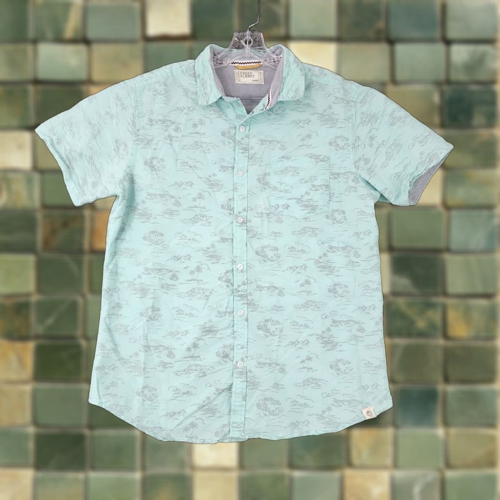 Vintage FREE PLANET Men's Blue Short Sleeve Button-Up Shirt Palm Tree Cotton Blend Size L Size US 33 - 1 Thumbnail
