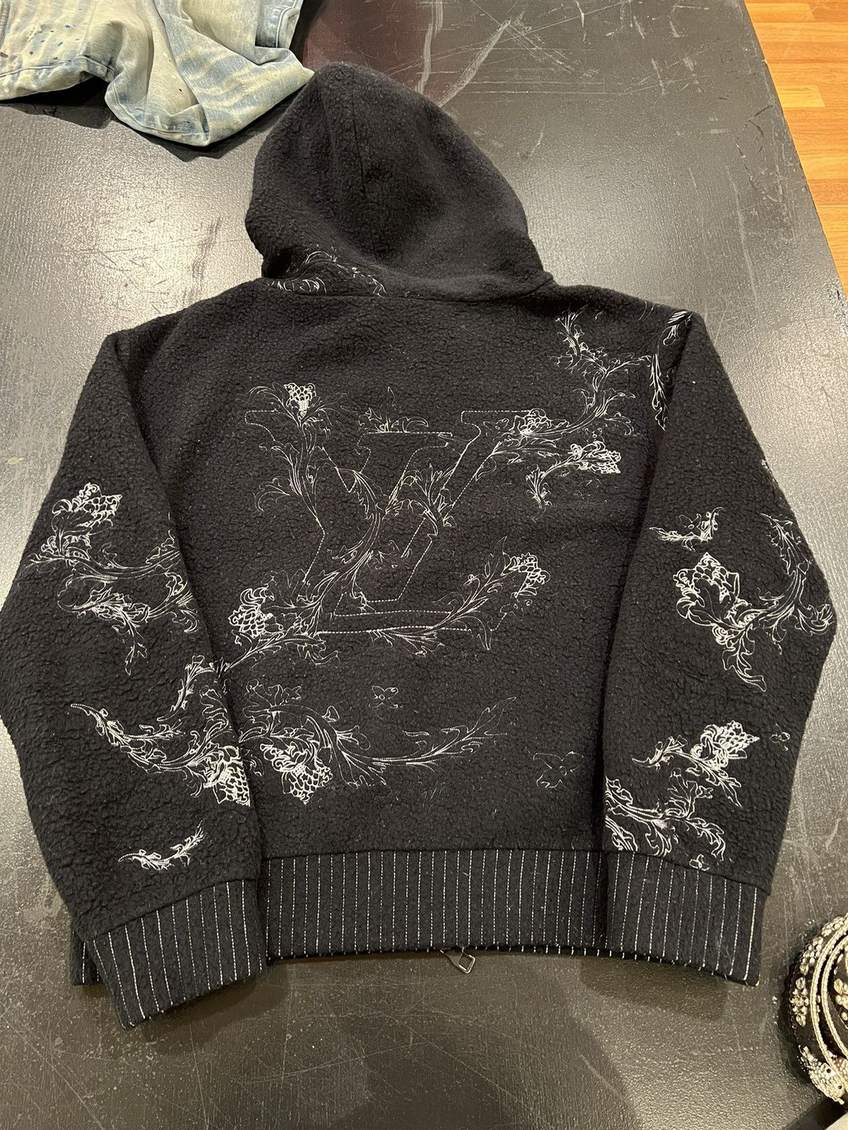 image of Louis Vuitton Embroidered Wool Sherpa Fleece Zip Up Hoodie in Black, Men's (Size Small)
