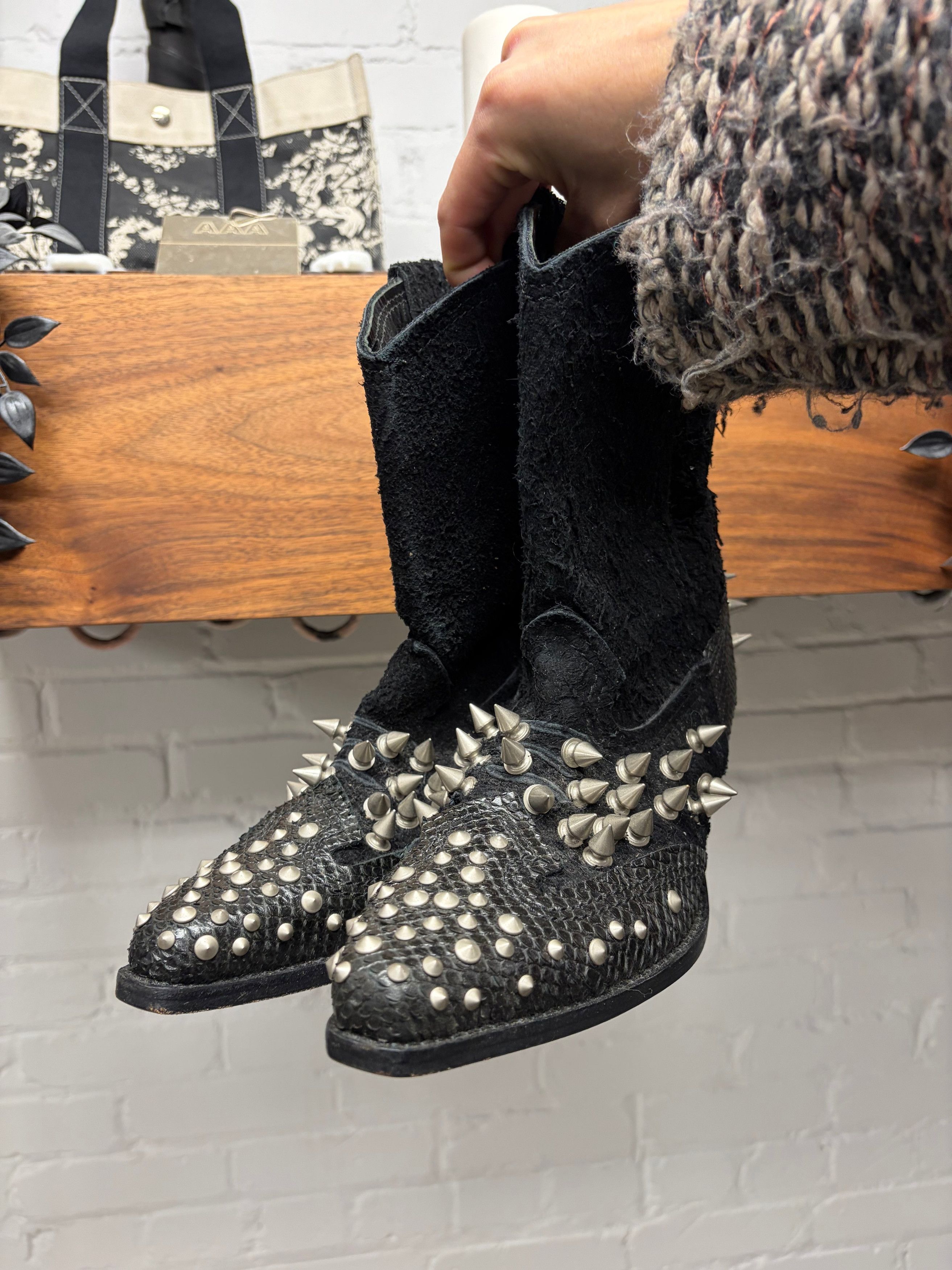 Junya Watanabe SS2014 Junya Watanabe Spiked Black Suede/Python Cowboy Boots Size US 6 / IT 36 - 2 Thumbnail