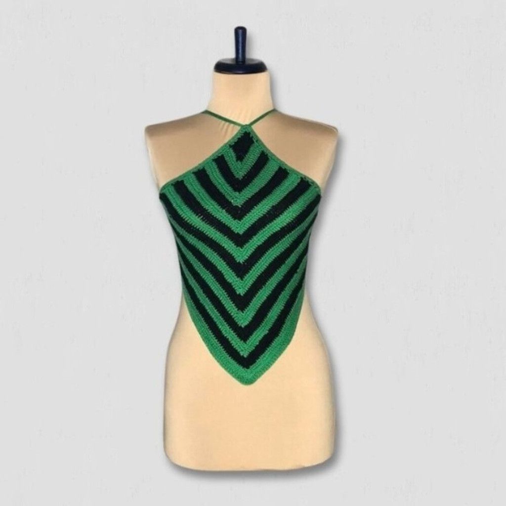 Forever 21 Chevron Knit Halter Top Crochet Striped Green/Black sz M Size M / US 6-8 / IT 42-44 - 3 Thumbnail