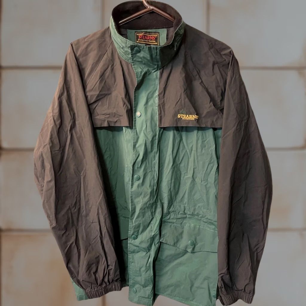 VINTAGE Stearns Dry Wear Coat Jacket Windbreaker Nylon Stearns Logo 90s Men's M Green/Black Full Zip Button Hooded All Seasons Regular Mens