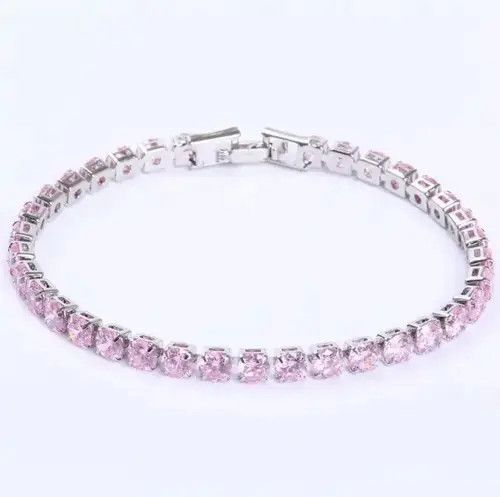 Sterling Silver 4mm Tennis Chain Sterling Silver Pink Bracelet Size ONE SIZE - 1 Thumbnail