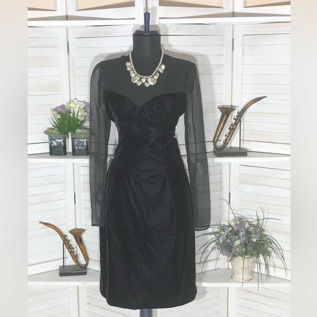 Vintage 90s black velvet sheer sleeves cocktail dress nude style XS Size XS / US 0-2 / IT 36-38 - 1 Thumbnail