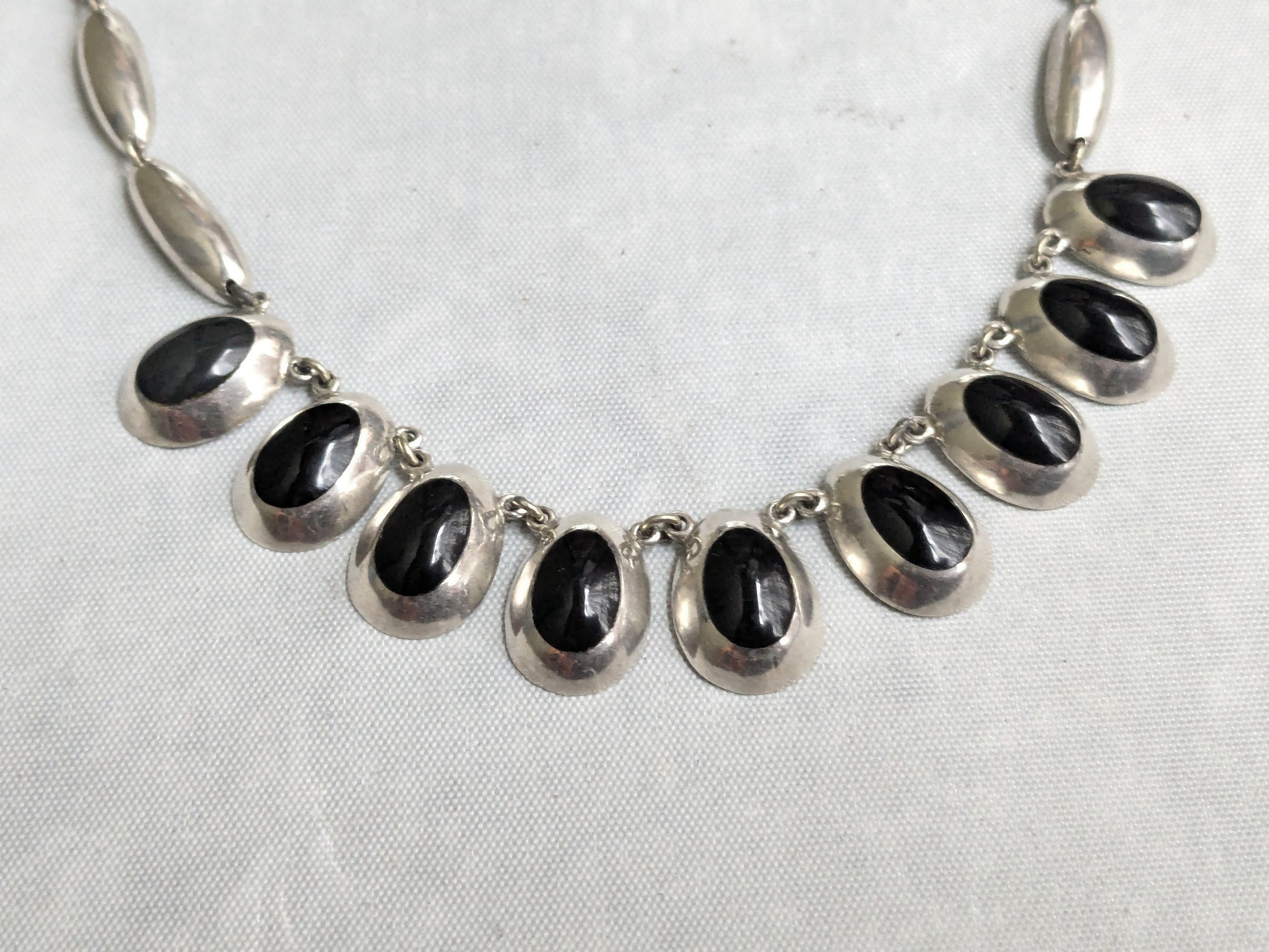 Jewelry Vintage Taxco Sterling Silver Onyx Necklace 16" Size ONE SIZE - 5 Thumbnail