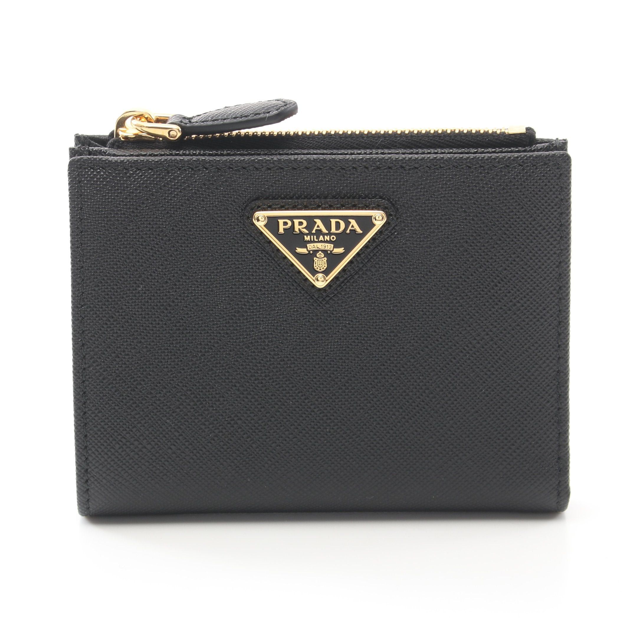 Prada Prada Saffiano Triang Bi-Fold Wallet Leather Black Size ONE SIZE - 1 Thumbnail